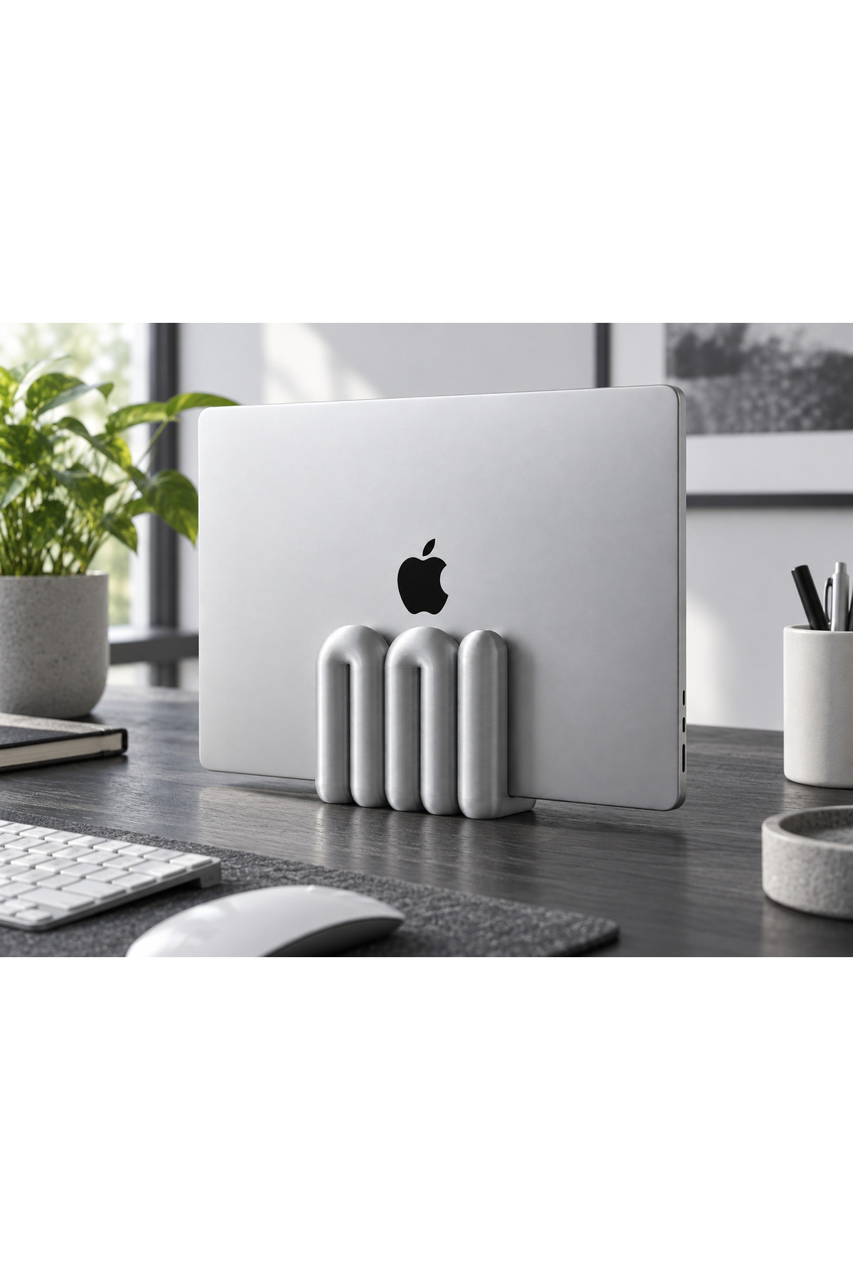 Molly Dekoratif Laptop Tutucu Stand- Gümüş Renk, gümüş dizüstü bilgisayar ile masada kullanım görünümü.
