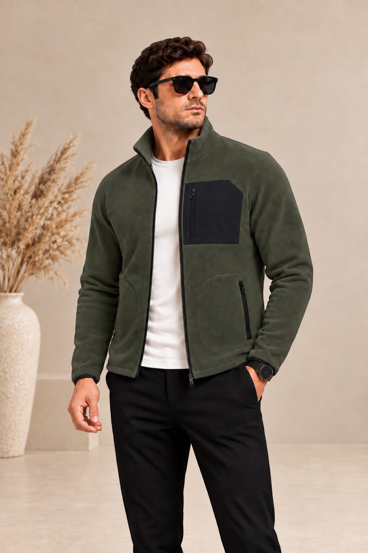 Erkek Haki Fermuarlı Polar Ceket Dik Yaka Regular Fit Günlük Kışlık — خاکی E0500