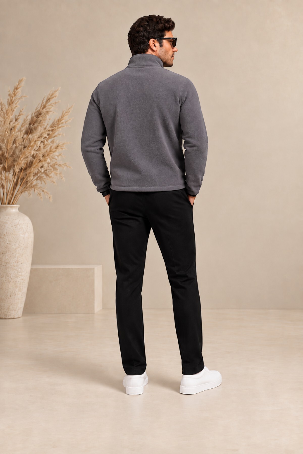 کاپشن پشمی زیپ‌دار مردانه خاکستری دودی، یقه ایستاده، فرم معمولی، کاپشن زمستانی غیررسمی — رنگارنگ E0500 — تصویر 2 از 8