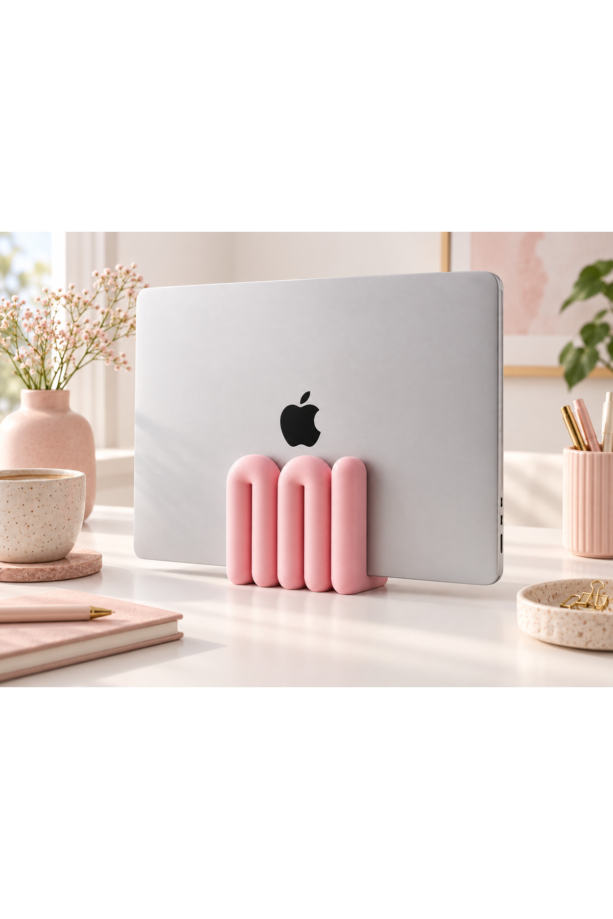 Molly Dekoratif Laptop Tutucu Stand- Pastel Pembe, dizüstü bilgisayar ile masada kullanım görünümü.