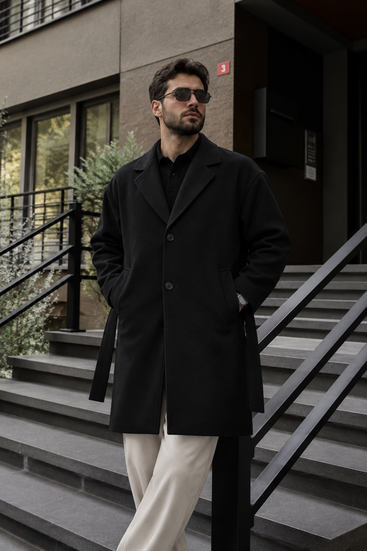 Yeniz Sezon Erkek Kemerli Oversize Rahat Kesim Kaşe Kaban — مشکی 560-2 — تصویر 3 از 7