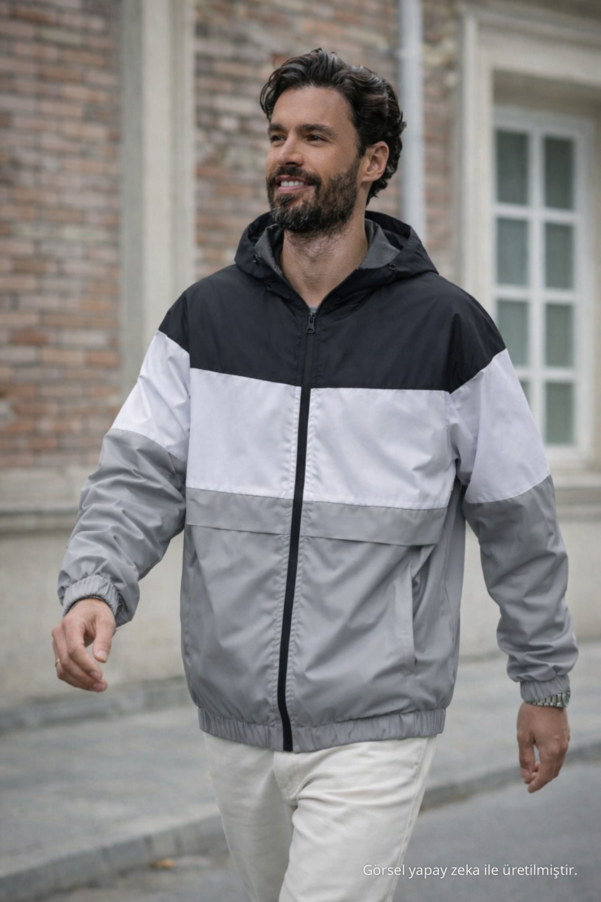 Erkek Comfort Fit Desenli Salaş Gri Yağmurluk & Rüzgarlık — خاکستری Ayna-5-82501DMJG — تصویر 2 از 6