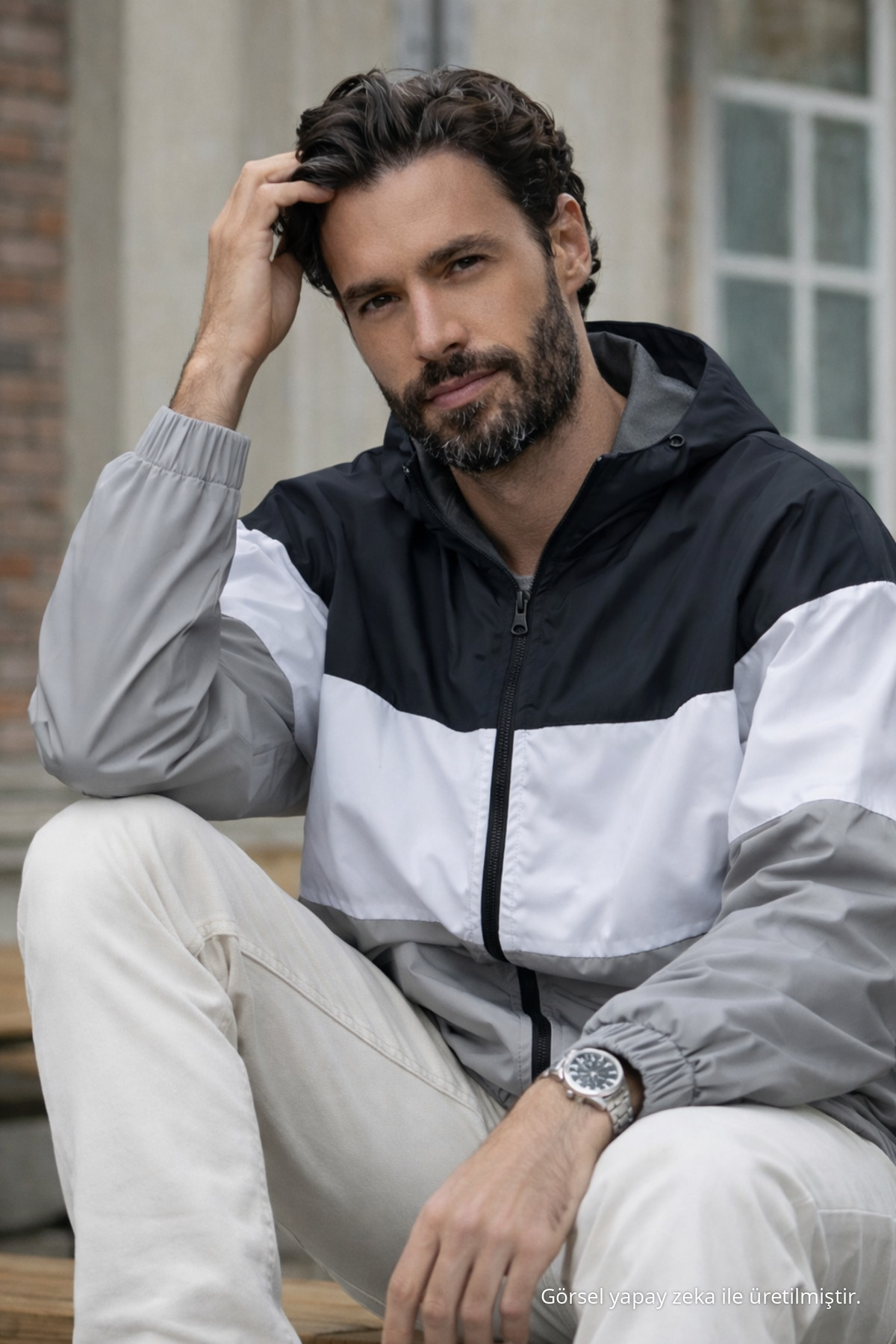 Erkek Comfort Fit Desenli Salaş Gri Yağmurluk & Rüzgarlık — خاکستری Ayna-5-82501DMJG — تصویر 5 از 6