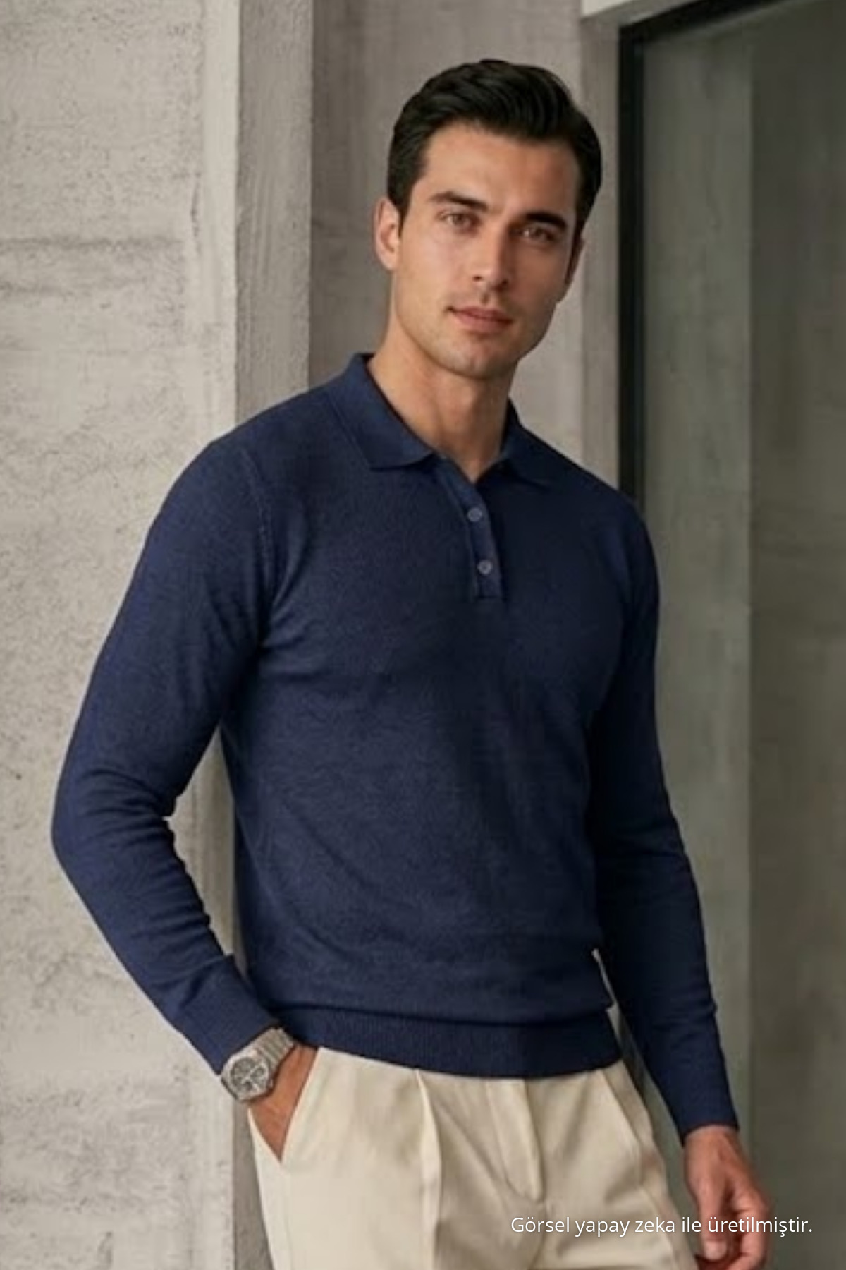 Erkek Casual Loose Reglan Lacivert Kazak — سرمه‌ای 33081CMBN-11 — تصویر 5 از 6