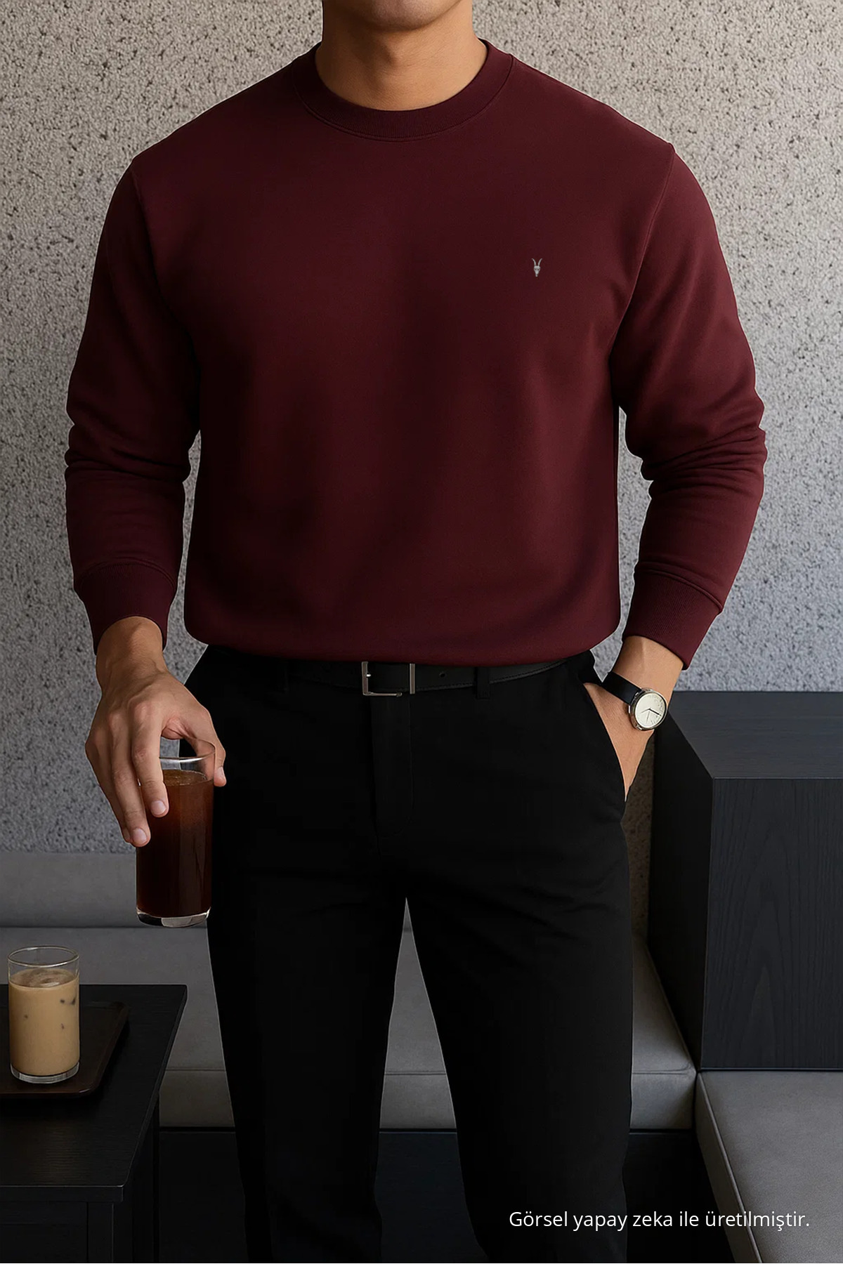 Erkek Kışlık Salaş Basic Bordo Sweatshirt — زرشکی Yansima-1210 — تصویر 4 از 7