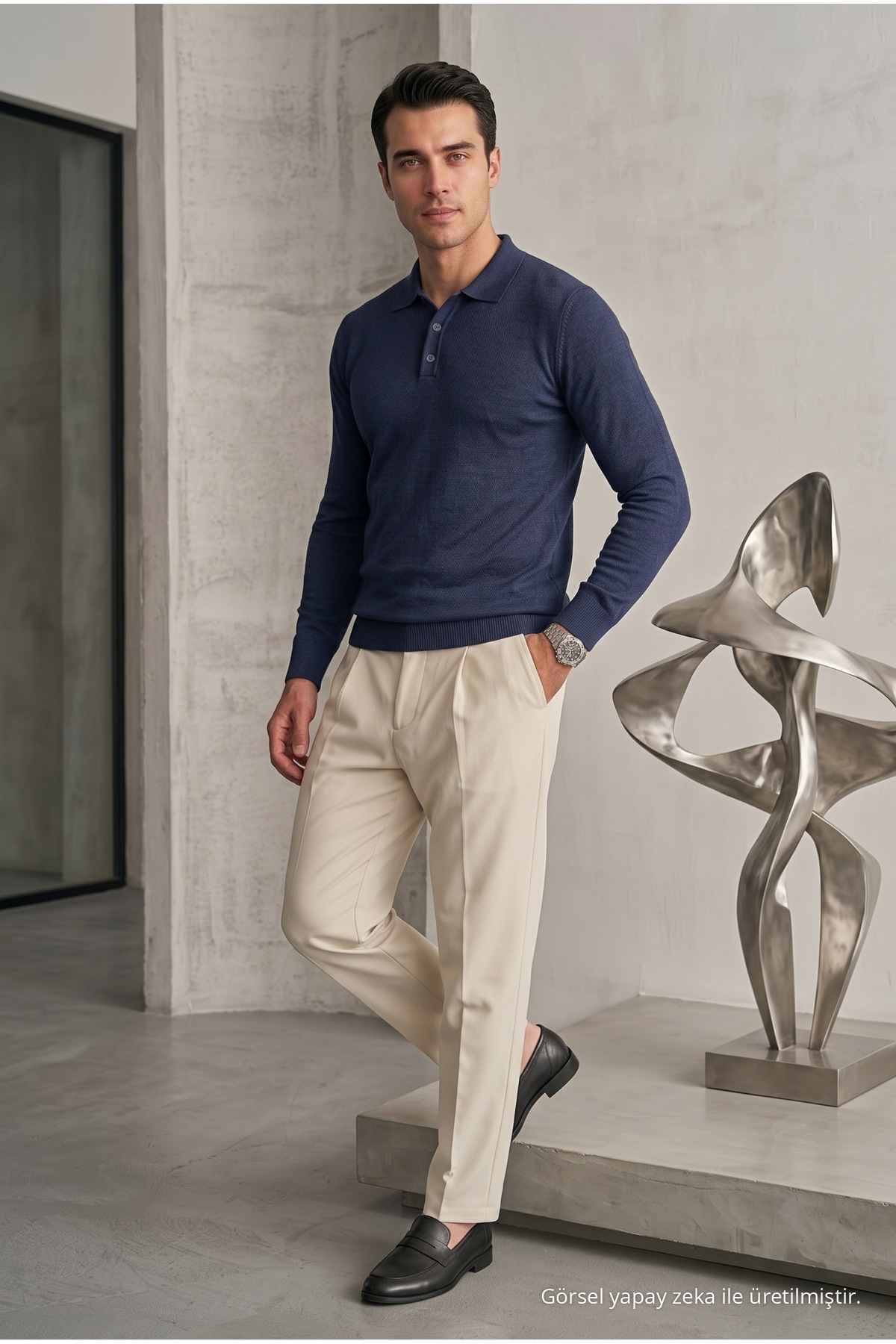 Erkek Casual Loose Reglan Lacivert Kazak — سرمه‌ای 33081CMBN-11 — تصویر 4 از 6