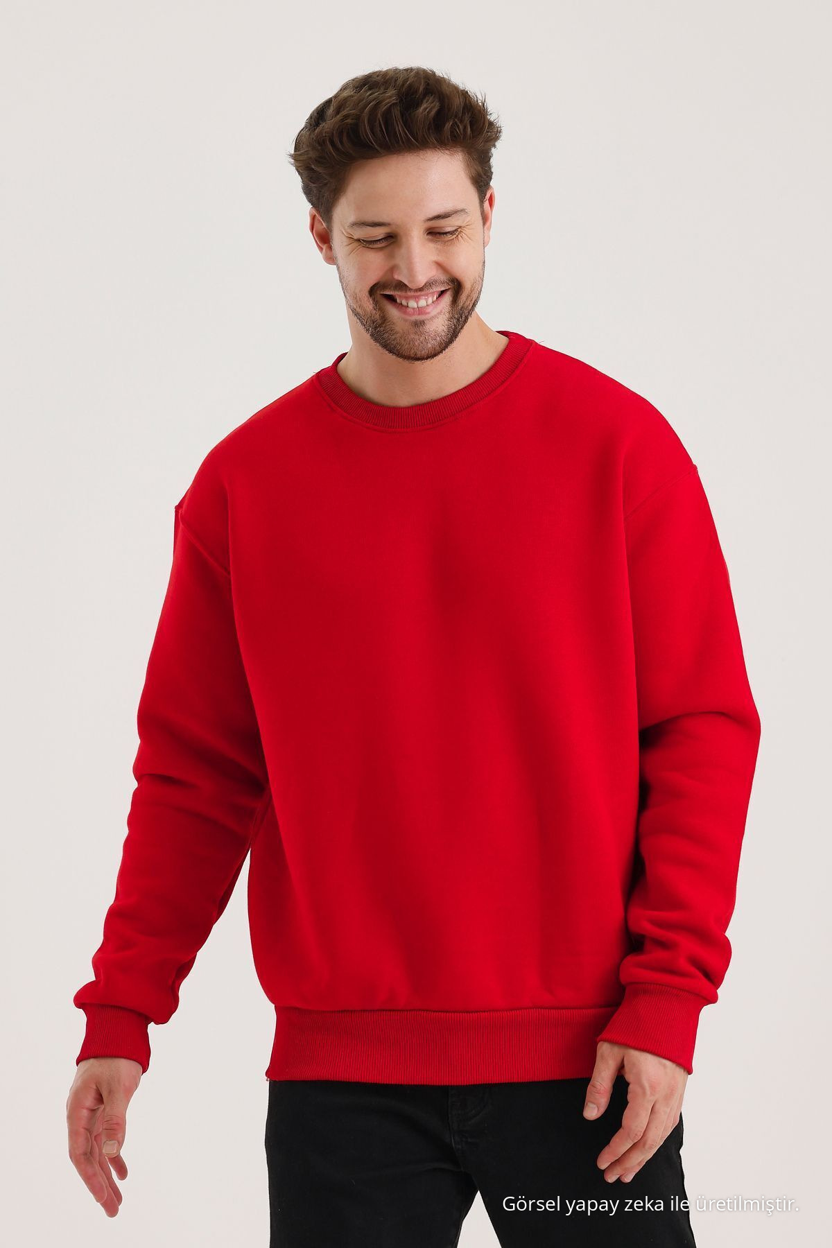 Kırmızı Bisiklet Yaka Oversize Şardonlu Basic Erkek Sweatshirt — قرمز SWT.0026 — تصویر 3 از 8