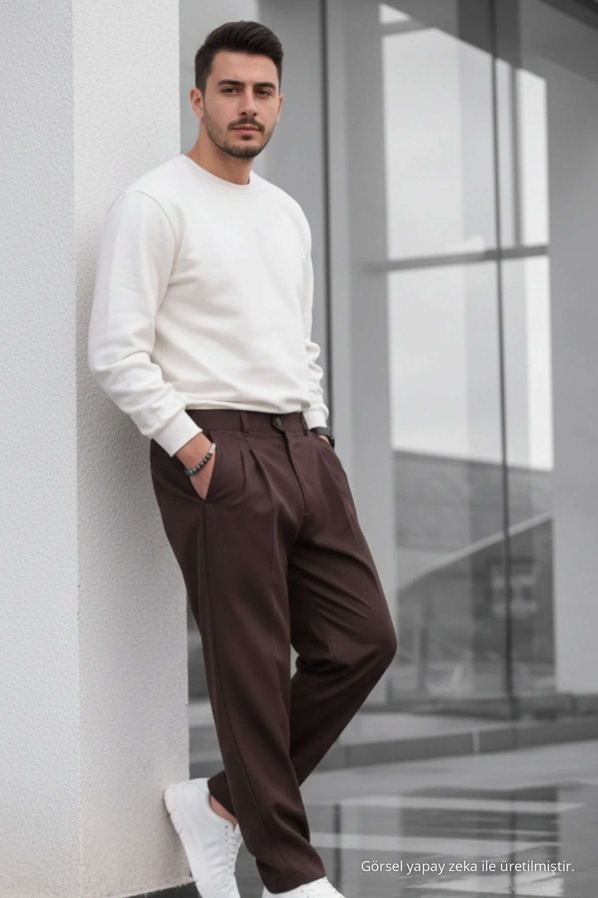 Erkek Çift Pileli Salaş Kahve Baggy Pantolon — قهوه‌ای 73494CMBN-3 — تصویر 7 از 7