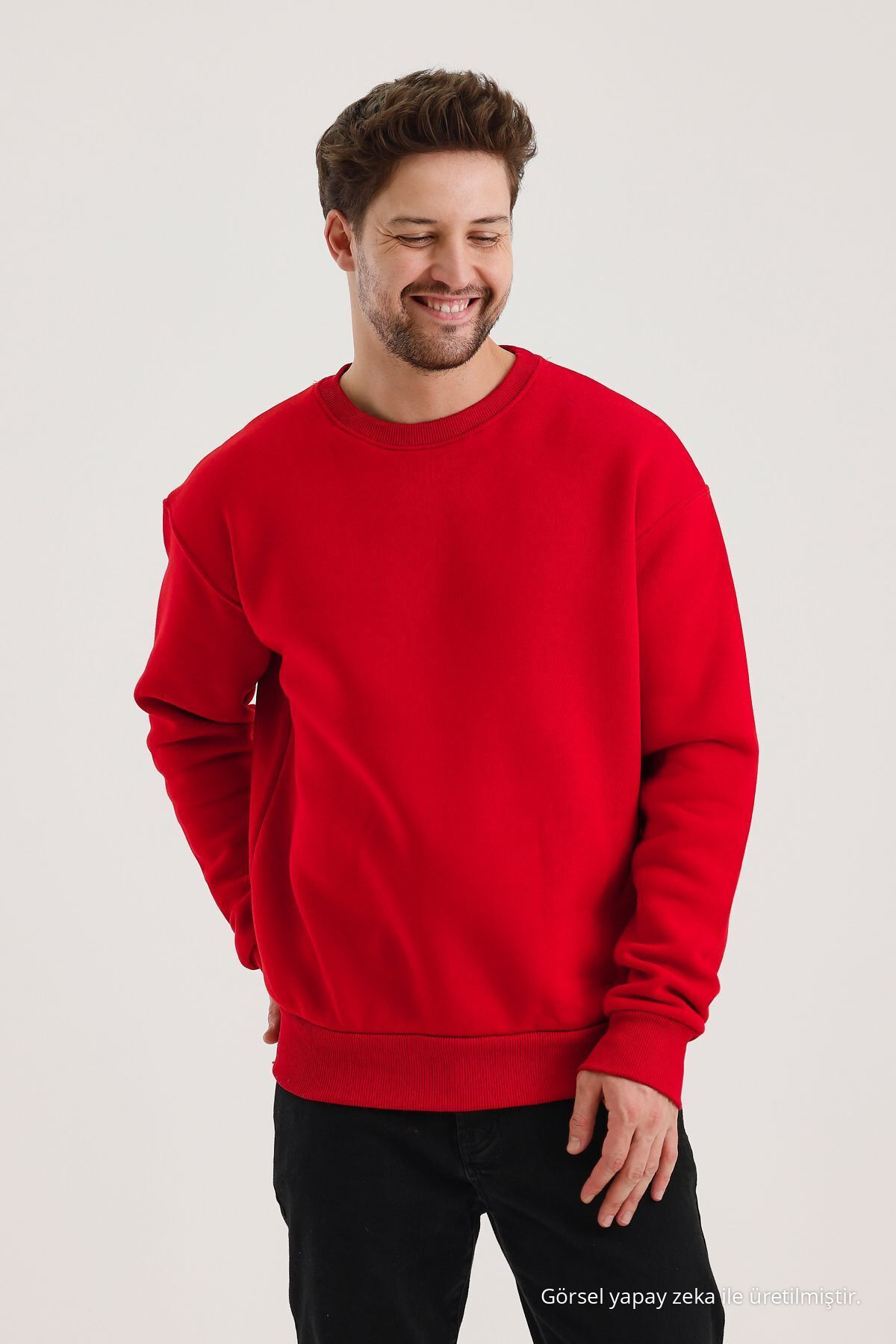Kırmızı Bisiklet Yaka Oversize Şardonlu Basic Erkek Sweatshirt — قرمز SWT.0026 — تصویر 5 از 8