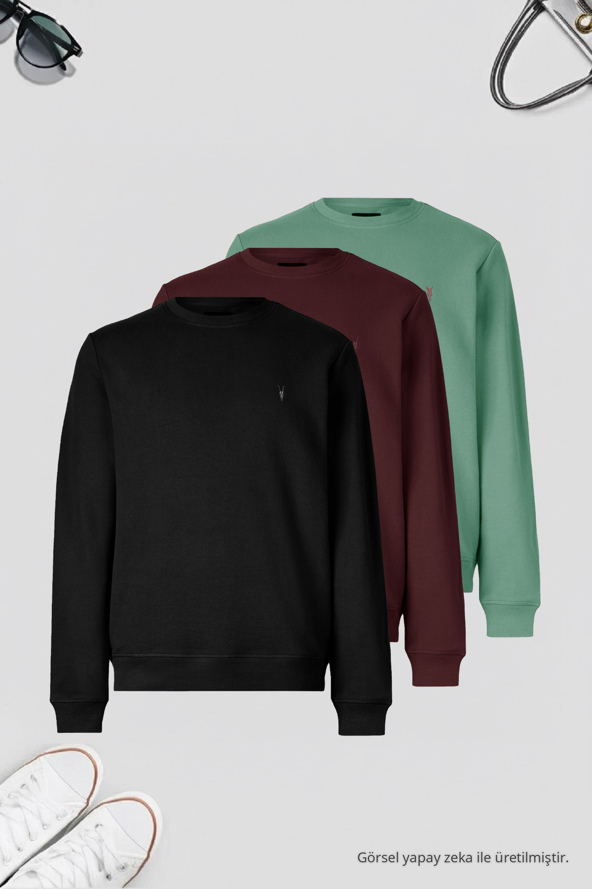 COMBİNE MİCHAİL Erkek 3-lü Lacivert-çağla-gri Sweatshirt Basic Bisiklet Yaka — مشکی SWT.0021