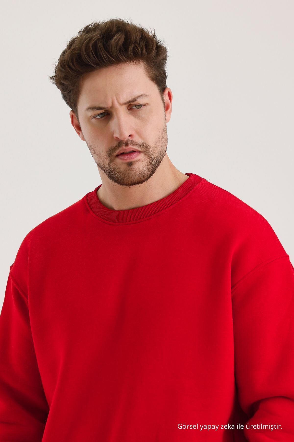 Kırmızı Bisiklet Yaka Oversize Şardonlu Basic Erkek Sweatshirt — قرمز SWT.0026 — تصویر 7 از 8
