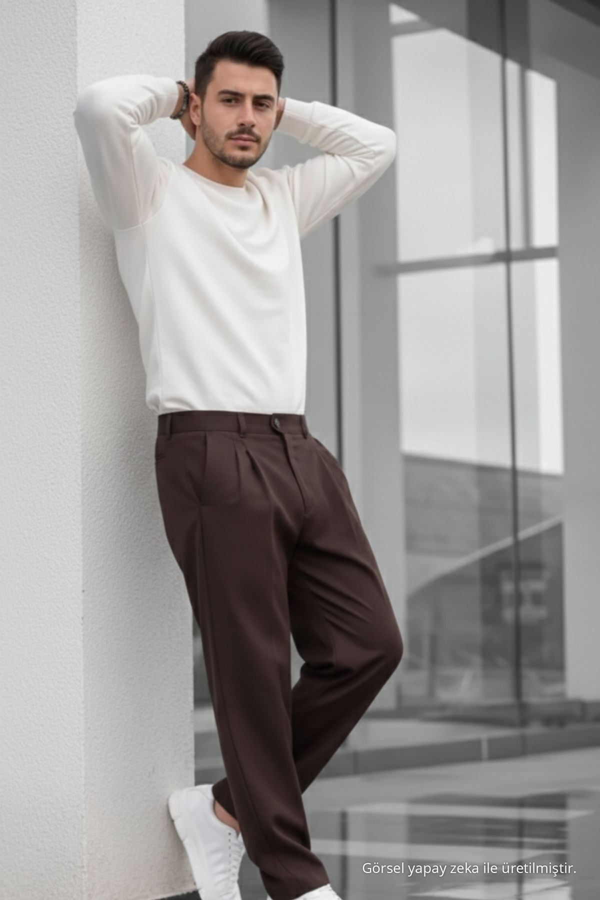Erkek Çift Pileli Salaş Kahve Baggy Pantolon — قهوه‌ای 73494CMBN-3 — تصویر 3 از 7