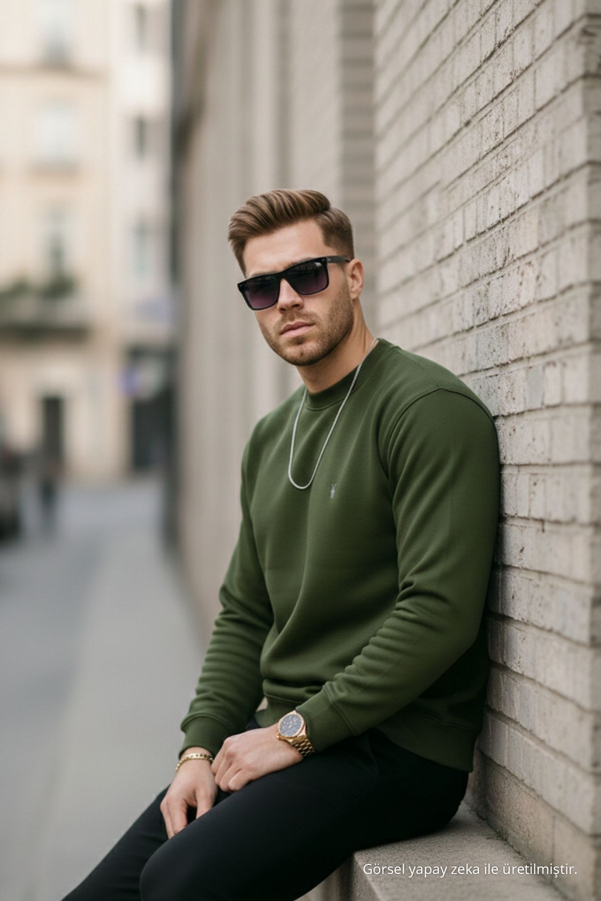 Haki Renk Basic Bisiklet Yaka Relaxed Regular Erkek Sweatshirt — خاکی 1210BSC — تصویر 7 از 7