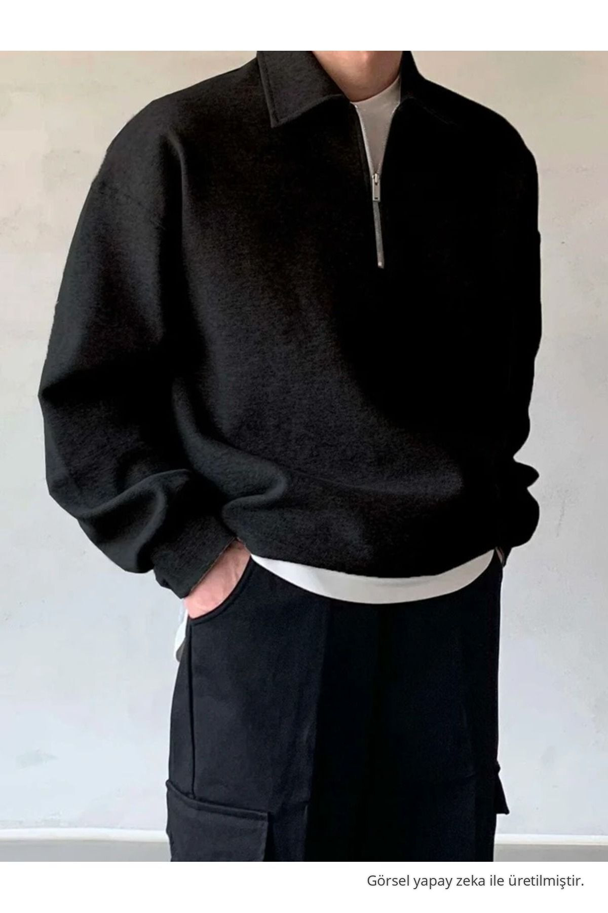 Erkek Polo Yaka Yarım Fermuarlı Sweatshirt SİYAH — مشکی SWT.0013 — تصویر 3 از 5