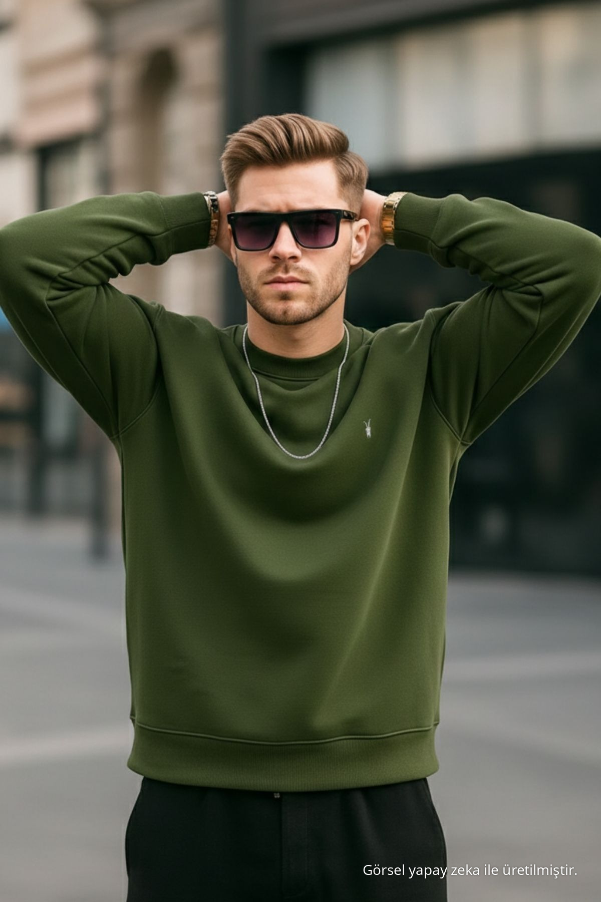 Haki Renk Basic Bisiklet Yaka Relaxed Regular Erkek Sweatshirt — خاکی 1210BSC — تصویر 3 از 7