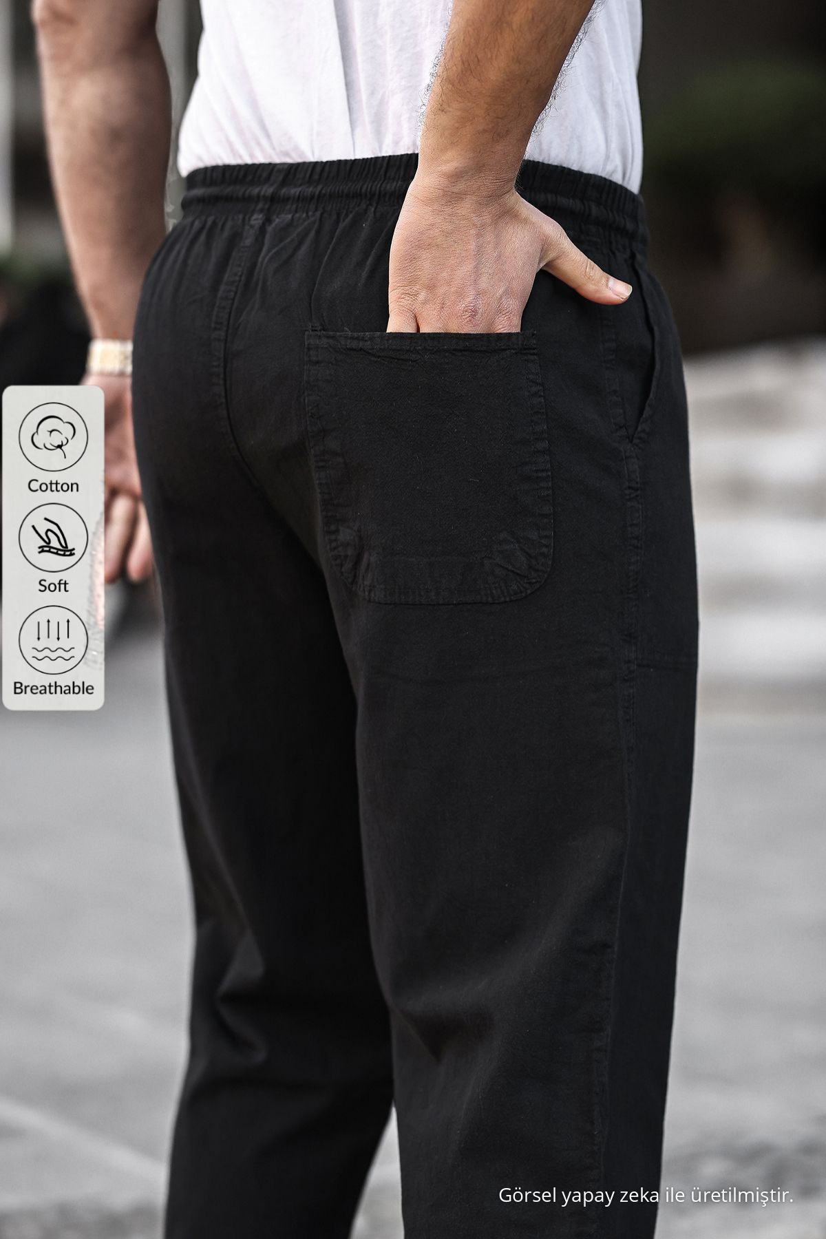 Siyah Renk Erkek Yazlık Keten Karışımı Relaxed Pantolon — مشکی KTN1430 — تصویر 3 از 6
