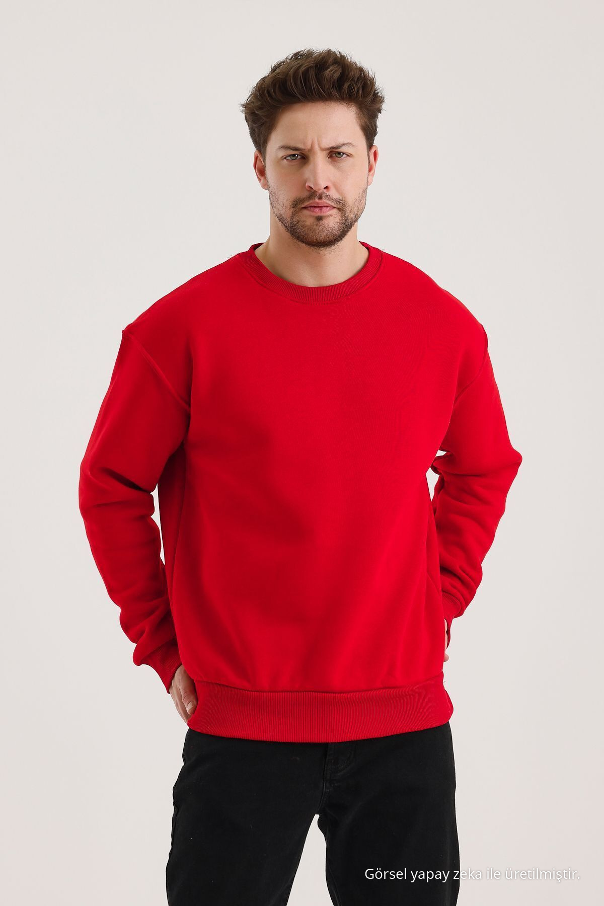 Kırmızı Bisiklet Yaka Oversize Şardonlu Basic Erkek Sweatshirt — قرمز SWT.0026 — تصویر 6 از 8