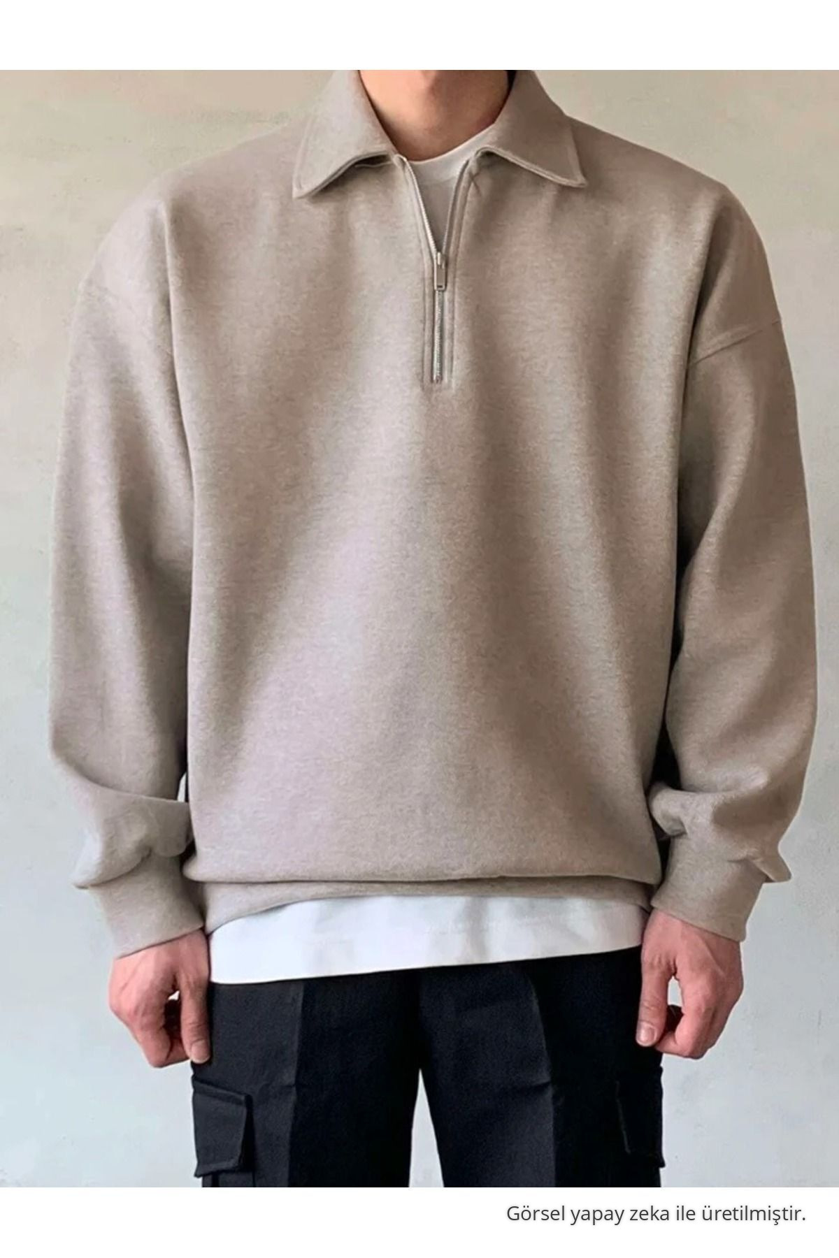 Erkek Polo Yaka Yarım Fermuarlı Sweatshirt BEJ — بژ SWT.0013 — تصویر 5 از 5