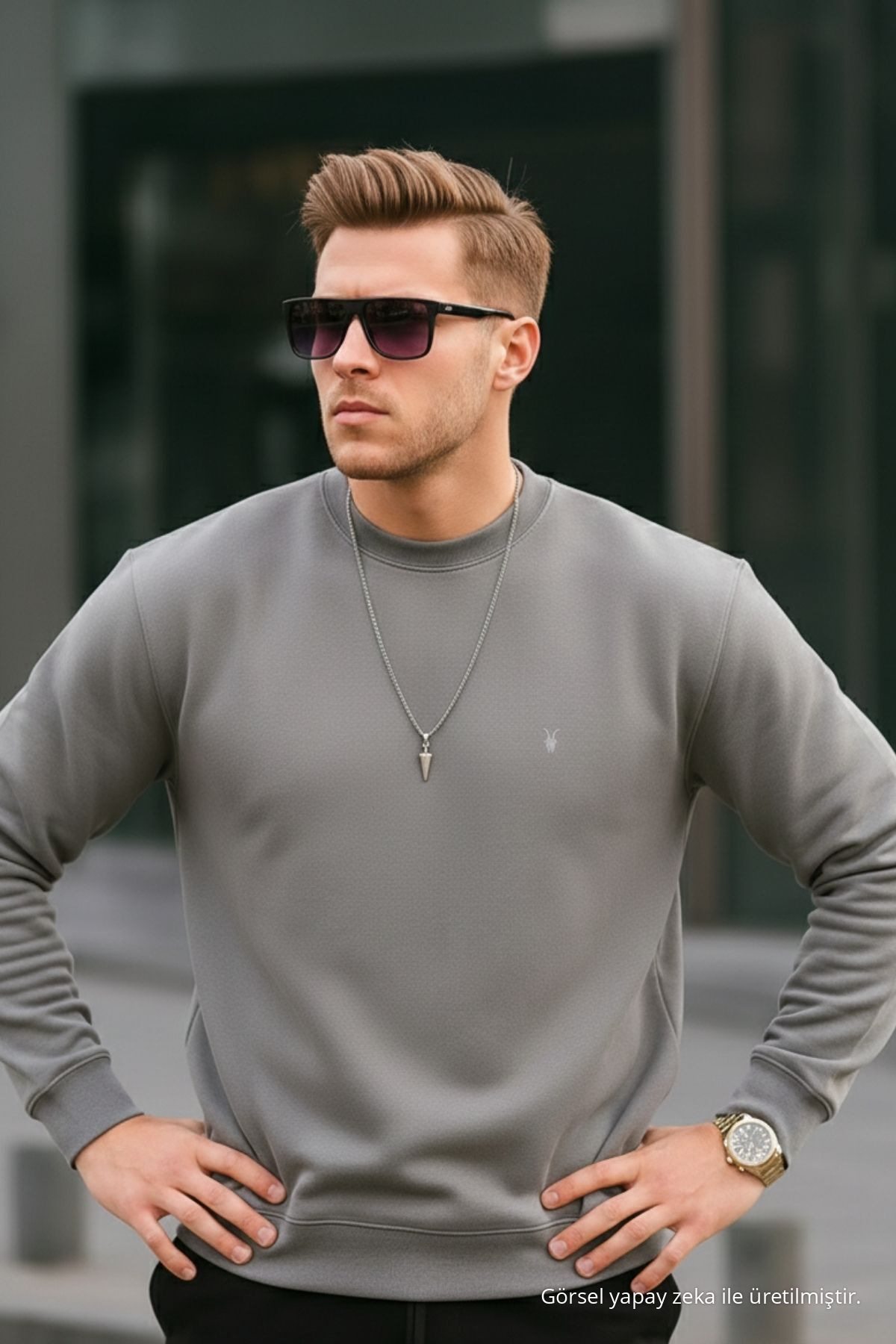 Gri Renk Basic Bisiklet Yaka Relaxed Regular Erkek Sweatshirt — خاکستری 1210BSC — تصویر 4 از 7