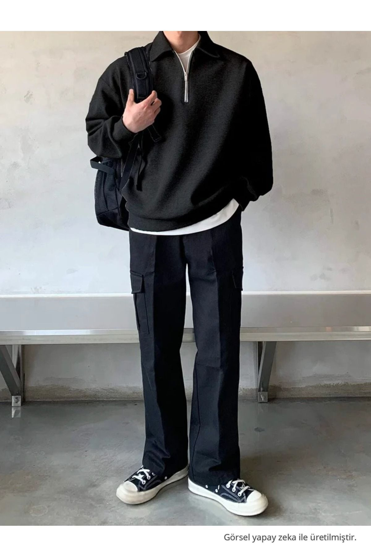 Erkek Polo Yaka Yarım Fermuarlı Sweatshirt SİYAH — مشکی SWT.0013 — تصویر 5 از 5