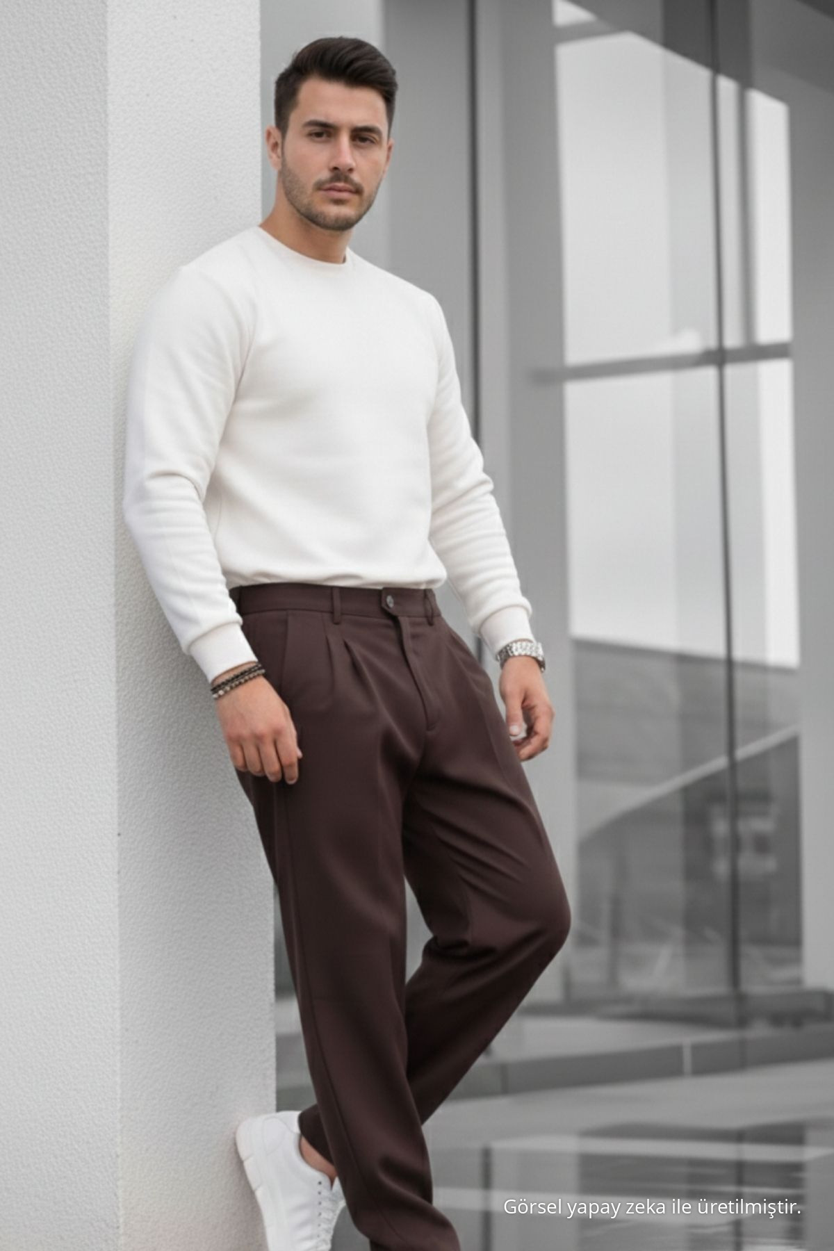 Erkek Çift Pileli Salaş Kahve Baggy Pantolon — قهوه‌ای 73494CMBN-3 — تصویر 5 از 7