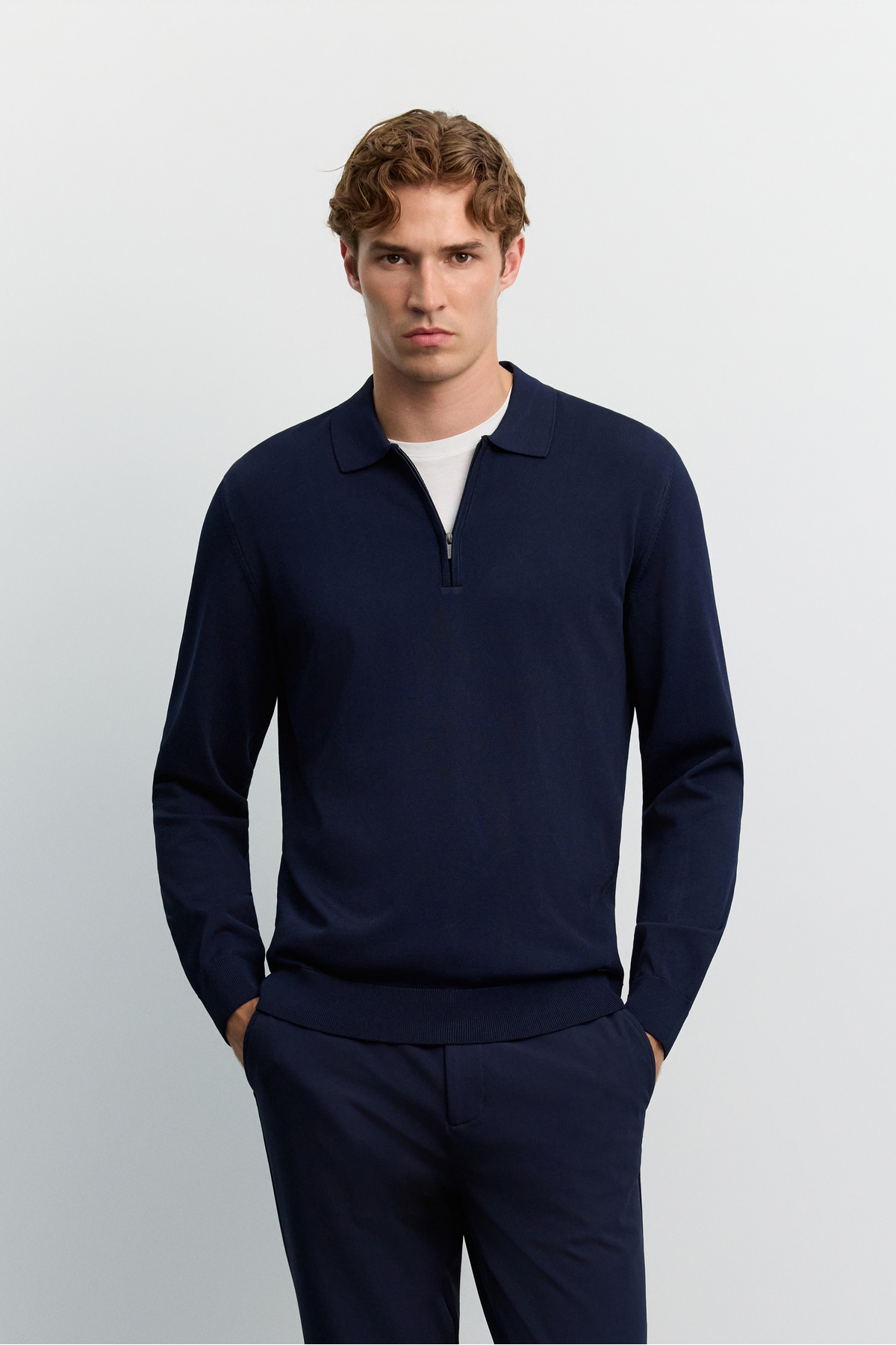 Erkek Lacivert Polo Yaka Fermuarlı Rayon Tüylenmeyen Basic Triko Regular Fit Kazak B005150 — سرمه‌ای