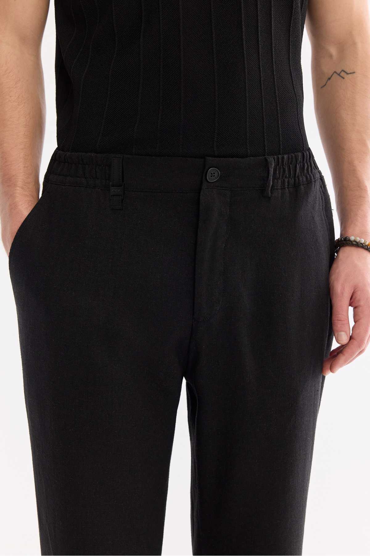Erkek Siyah Beli Lastikli Keten Karışımlı Relaxed Fit Pantolon A61Y3204 — مشکی — تصویر 4 از 8