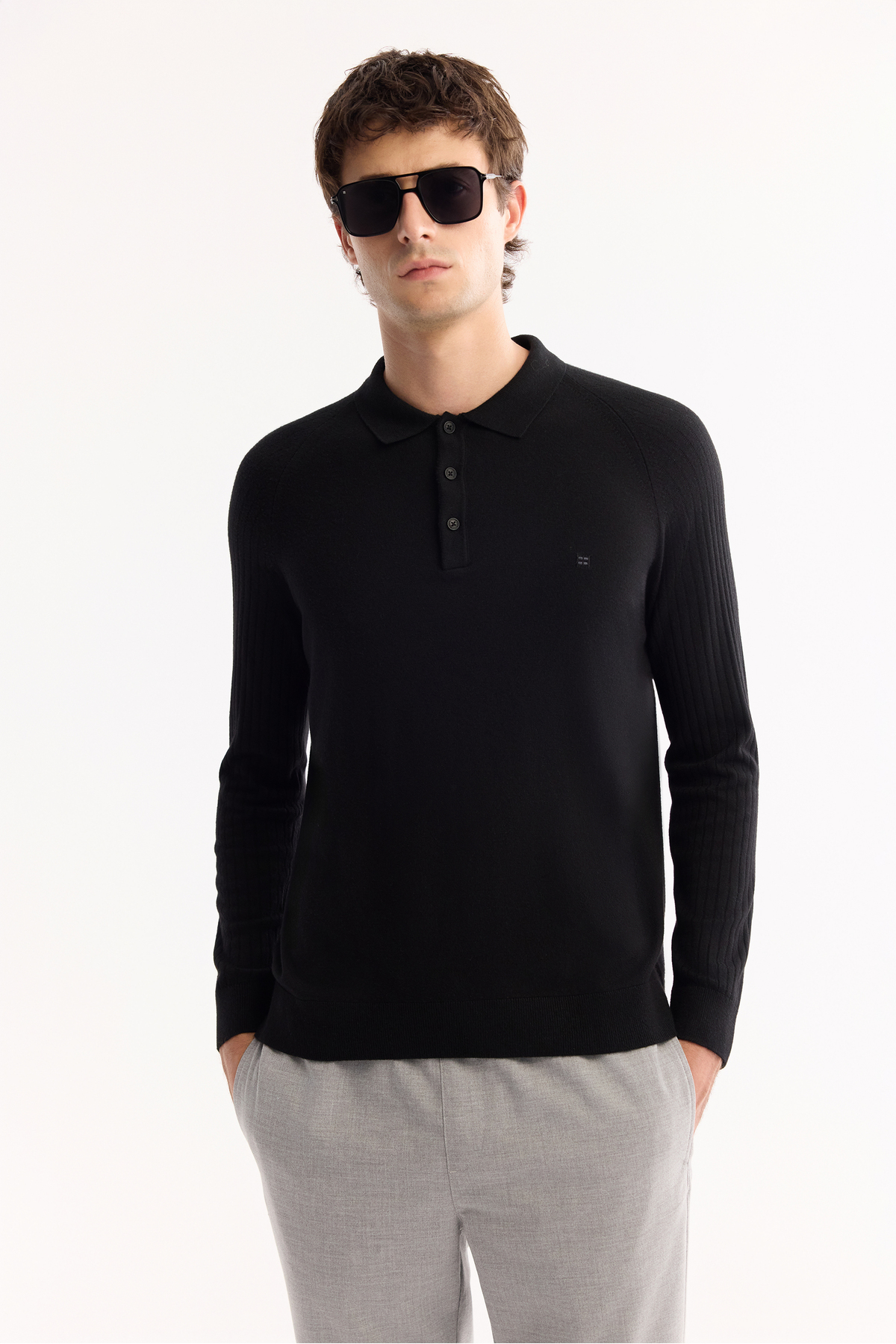 Erkek Siyah Polo Yaka Düğmeli Soft Touch Dokulu Triko Regular Fit Kazak A52Y5030 — مشکی — تصویر 5 از 6