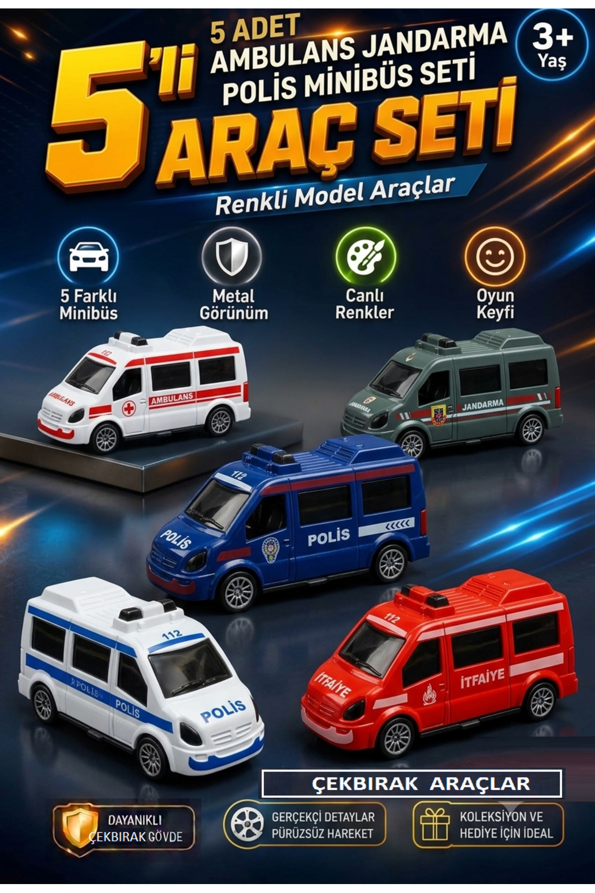 ALYTOYS Araç Set 5 Adet Çek Bırak 112 Acil Minibüs Set Ambulans Itfaiye Polis Jandarma Emniyet Minibüsler Seti 11x25cm