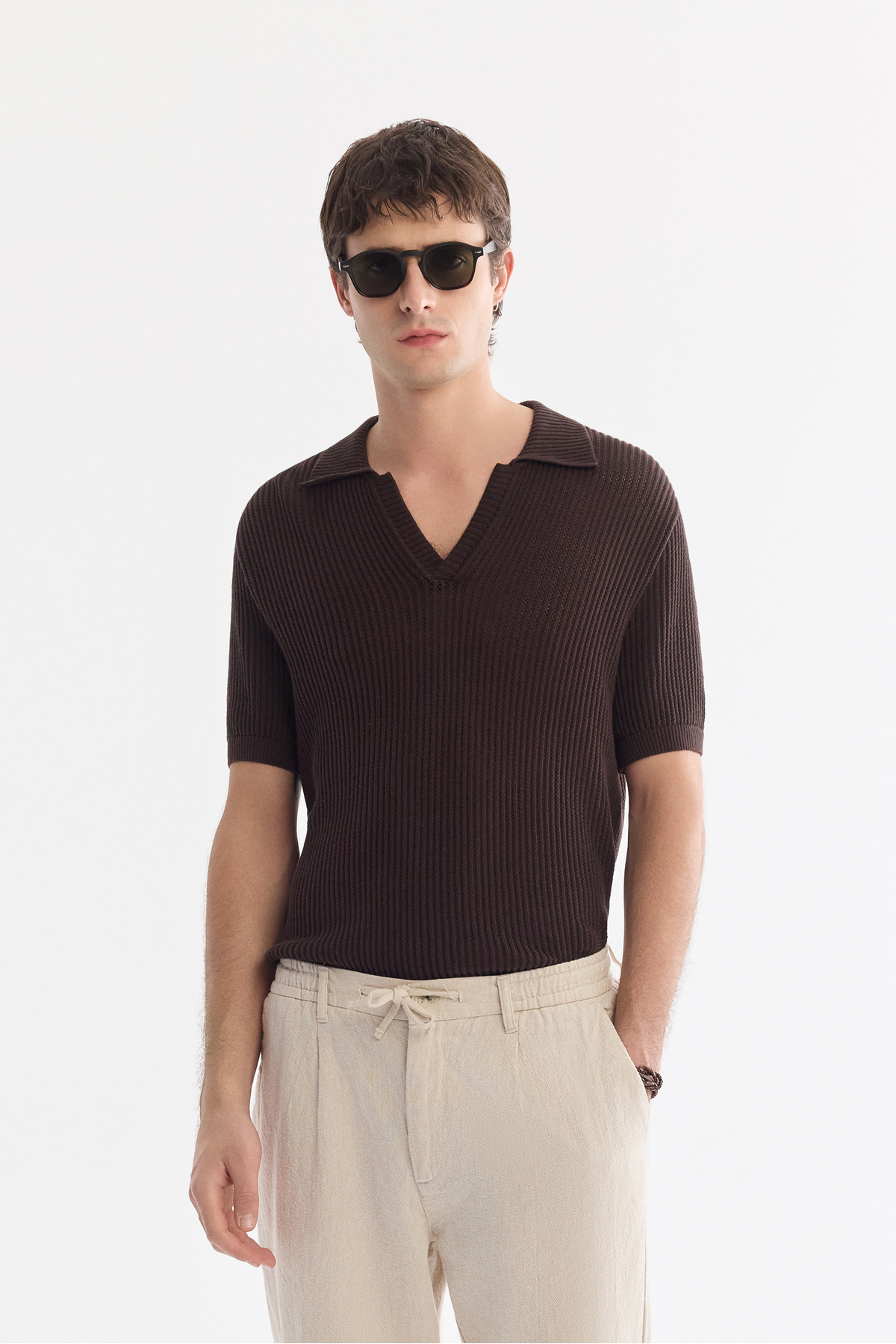 Erkek Bej Beli Bağcıklı Keten Karışımlı Chino Relaxed Fit Pantolon B003036 — بژ — تصویر 7 از 8