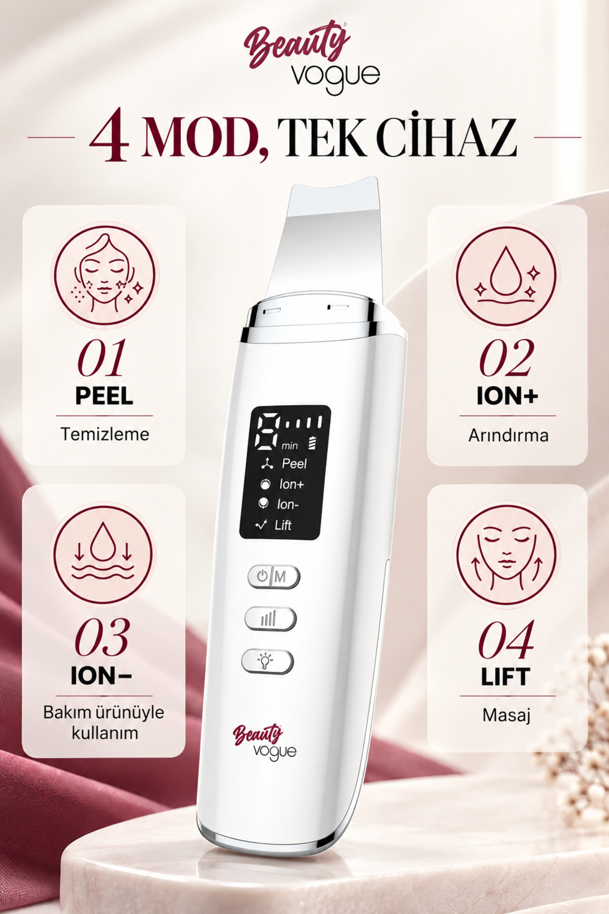 Beauty Vogue C6 Şarj Standlı Ultrasonik Cilt Temizleme Cihazı - Siyah Nokta Giderici & LCD Ekranlı Scrubber - Spatula - Cilt bakım Cihazı - Led Işık Terapili — سفید YNGC6197436