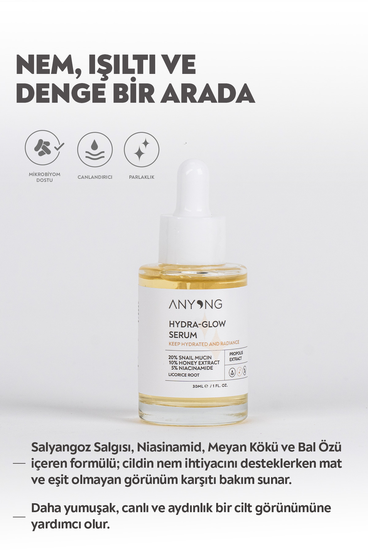 Nemlendirici, Aydınlatıcı, Yatıştırıcı, Canlandırıcı Serum 30 ML (SALYANGOZ ÖZÜ & BAL & NİASİNAMİD) — 8684221509355 — تصویر 3 از 8