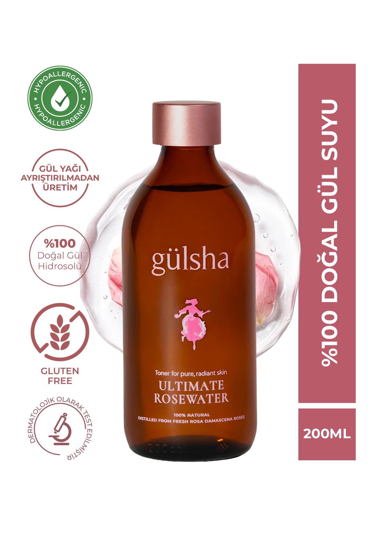 Gülsha Nemlendirici Aydınlatıcı Gözenek Sıkılaştırmaya Yardımcı %100 Doğal Tam Gül Suyu 200 ml — 8680434310108