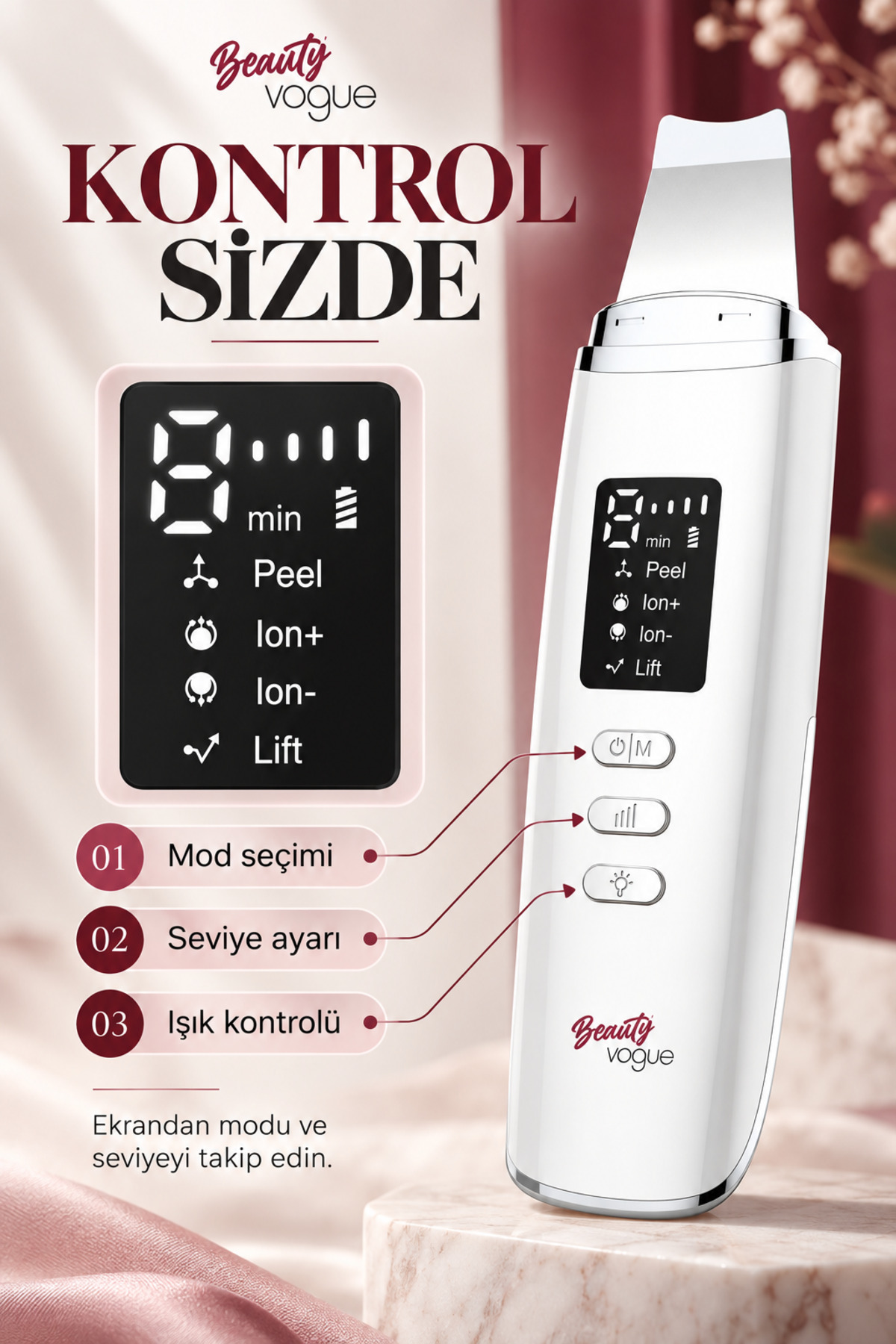 C6 Şarj Standlı Ultrasonik Cilt Temizleme Cihazı - Siyah Nokta Giderici & LCD Ekranlı Scrubber - Spatula - Cilt bakım Cihazı - Led Işık Terapili — سفید YNGC6197436 — تصویر 4 از 8