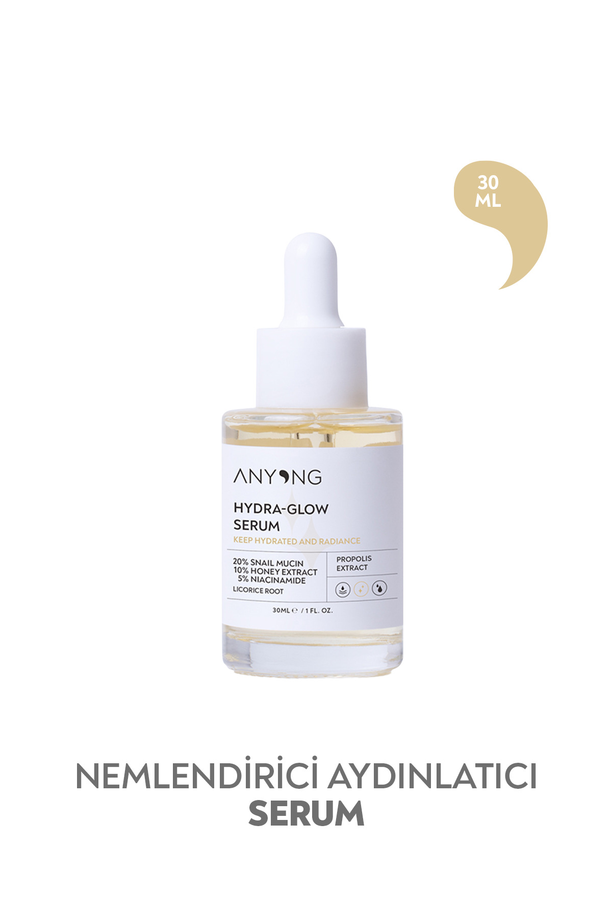 Anyong Nemlendirici, Aydınlatıcı, Yatıştırıcı, Canlandırıcı Serum 30 ML (SALYANGOZ ÖZÜ & BAL & NİASİNAMİD) — 8684221509355