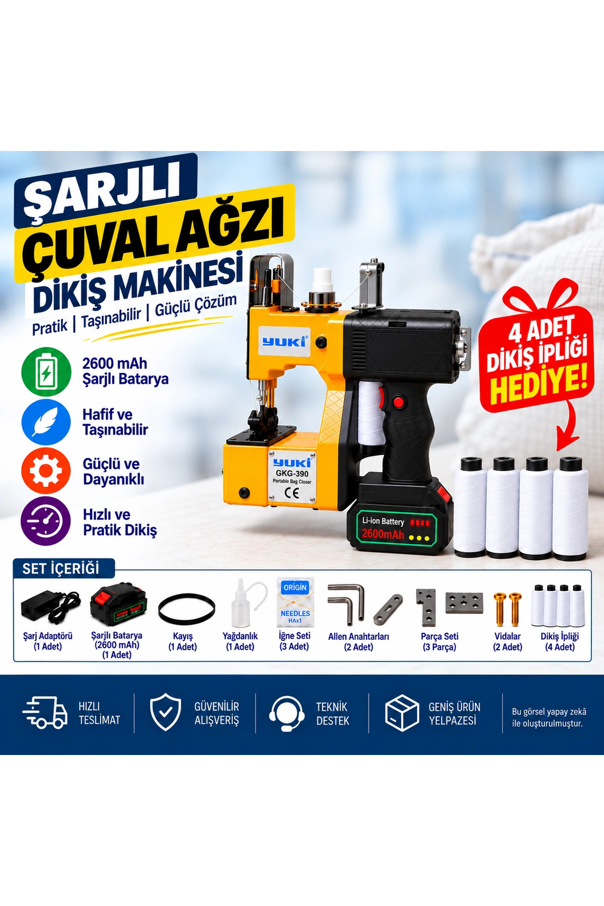 AMES Yuki Çuval Ağzı Dikiş Makinası Şarjlı (2600MA) +3 İplikli