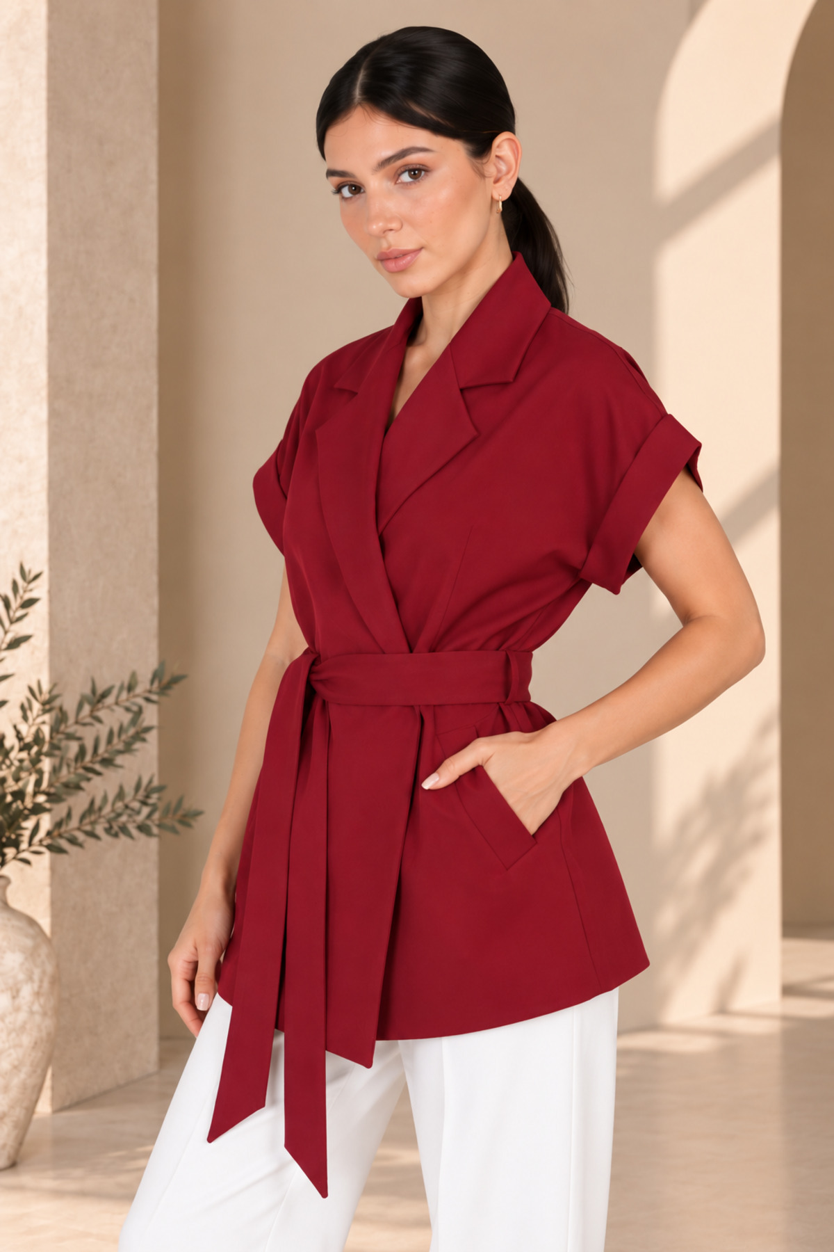 Kadın Bordo Düşük Omuzlu Oversize Kuşaklı Yelek