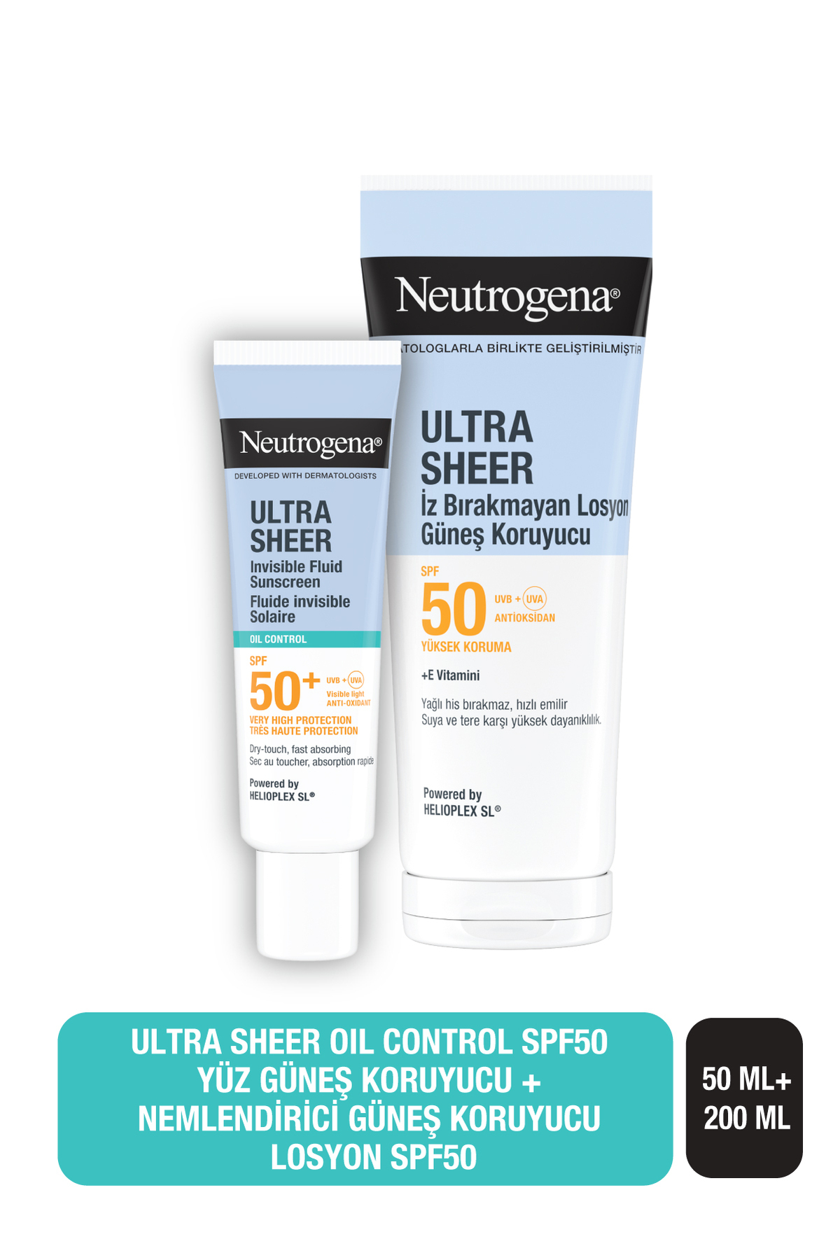 Neutrogena Ultra Sheer Oil Control Fluid SPF50+ Yüz Güneş Koruyucu 50 ml + Nemlendirici Güneş Koruyucu Losyon S — SET.CRE.1