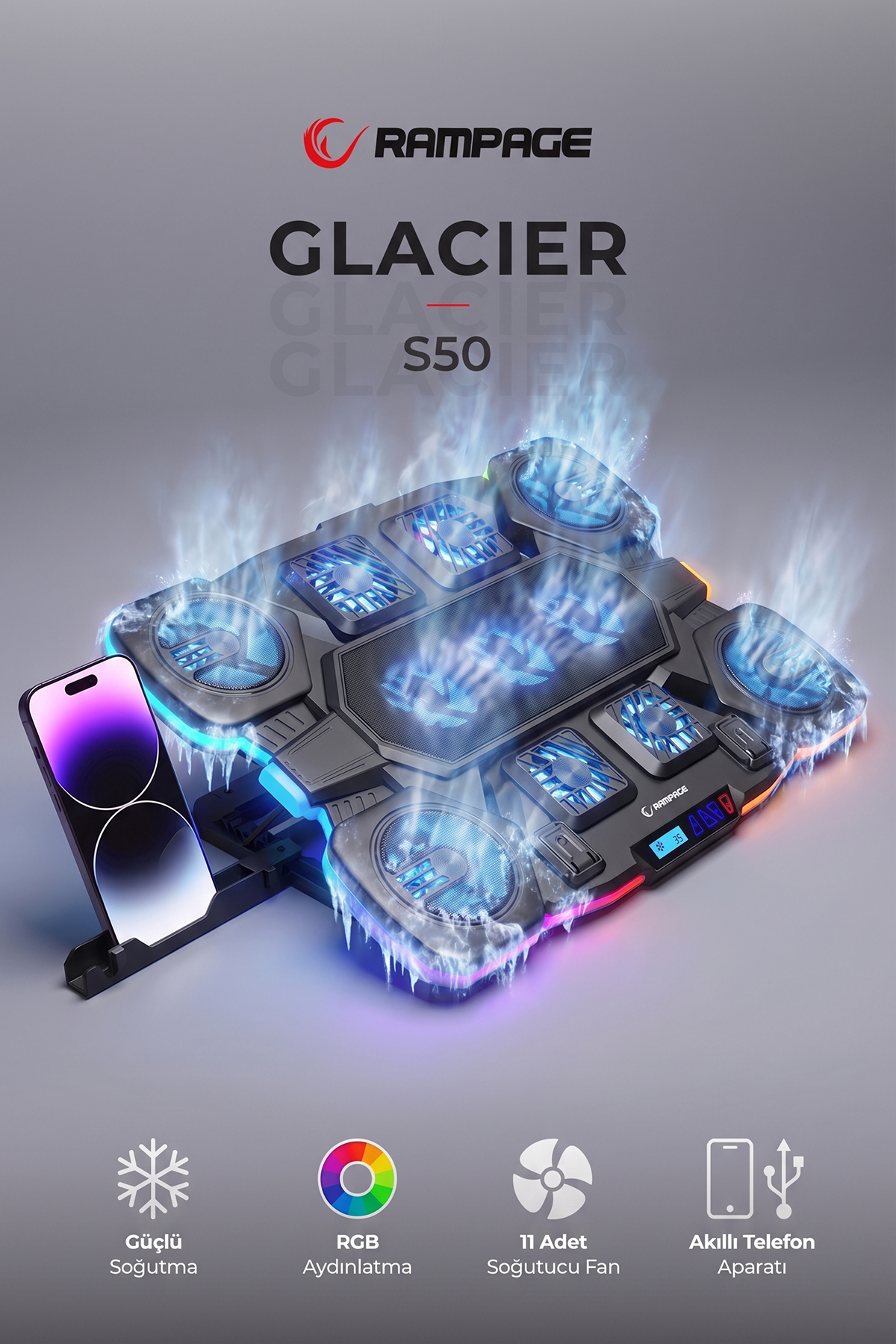 Rampage S50 Glacier RGB Işıklı 11 Fanlı LCD Göstergeli 1 Type C 1 Usb Girişli Yükselebilen Notebook Soğutucu