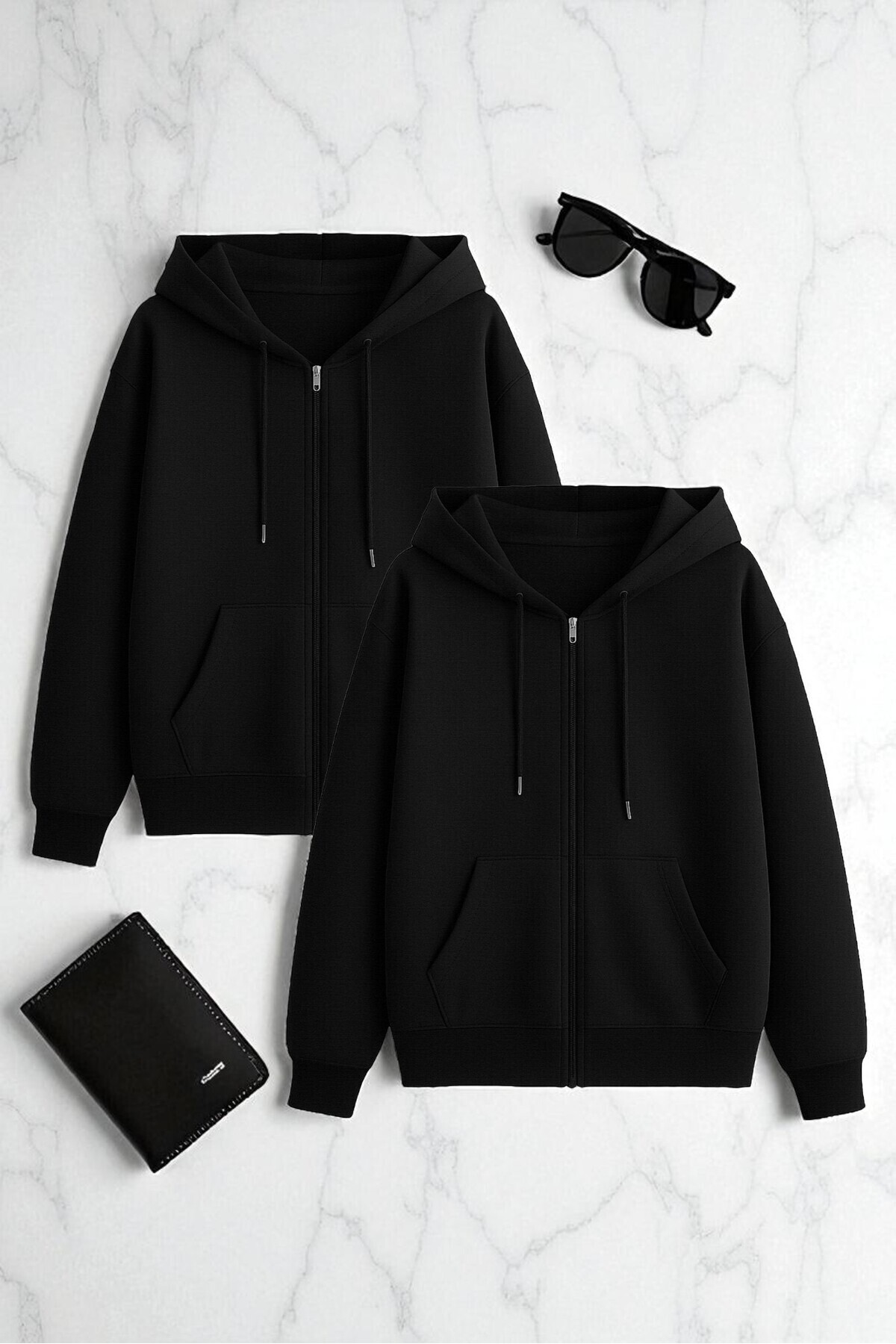 Unisex Siyah Fermuar Kapüşonlu Sweatshirt 2 ' li Fırsat Paketi — مشکی FMR-DüzSiyah