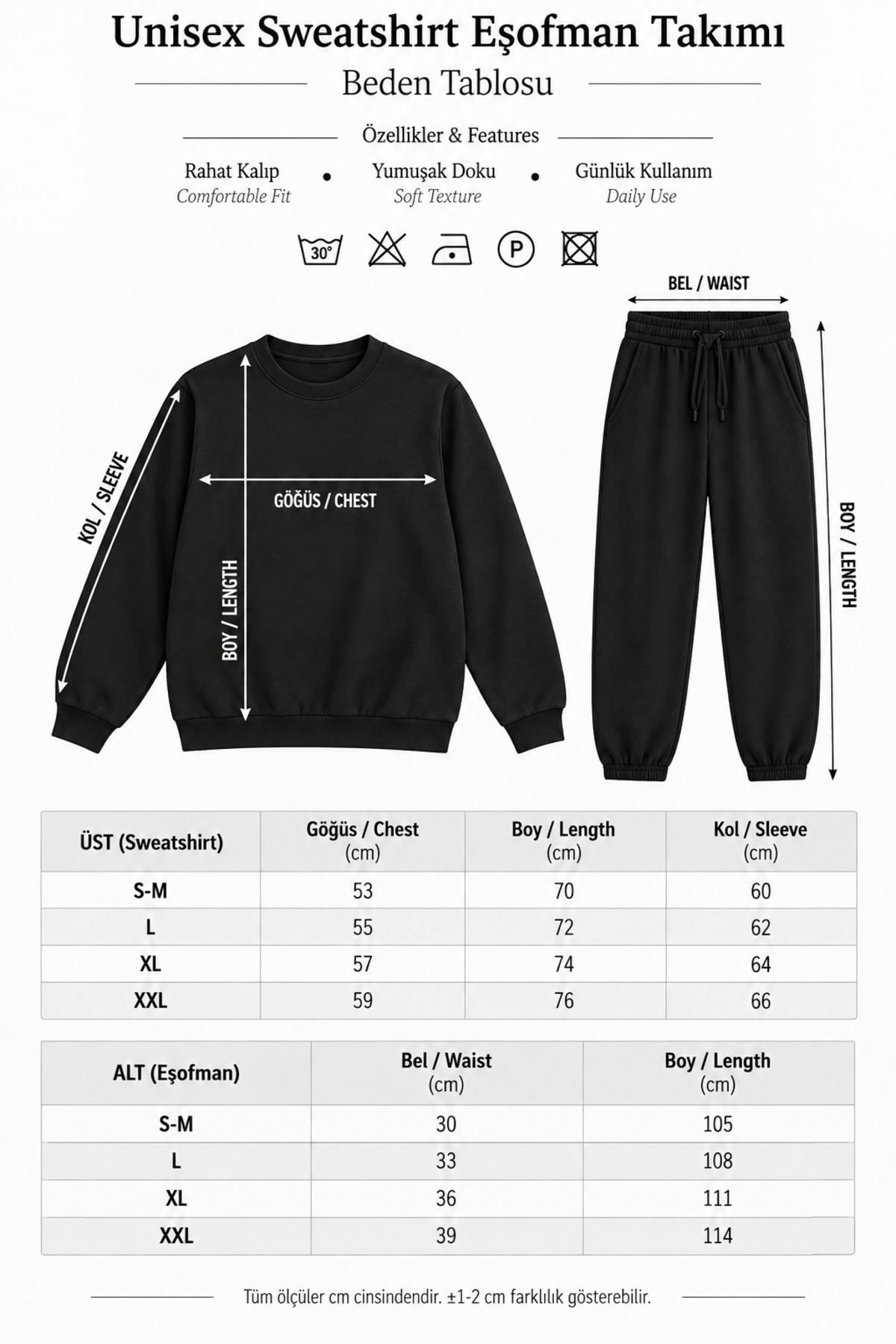 Unisex Kalp Baskılı Bisiklet Yaka Sweatshirt - 2'li Eşofman Takımı — مشکی 0YAKA-SIYAH-KALP-ESH-SIYAH — تصویر 3 از 3