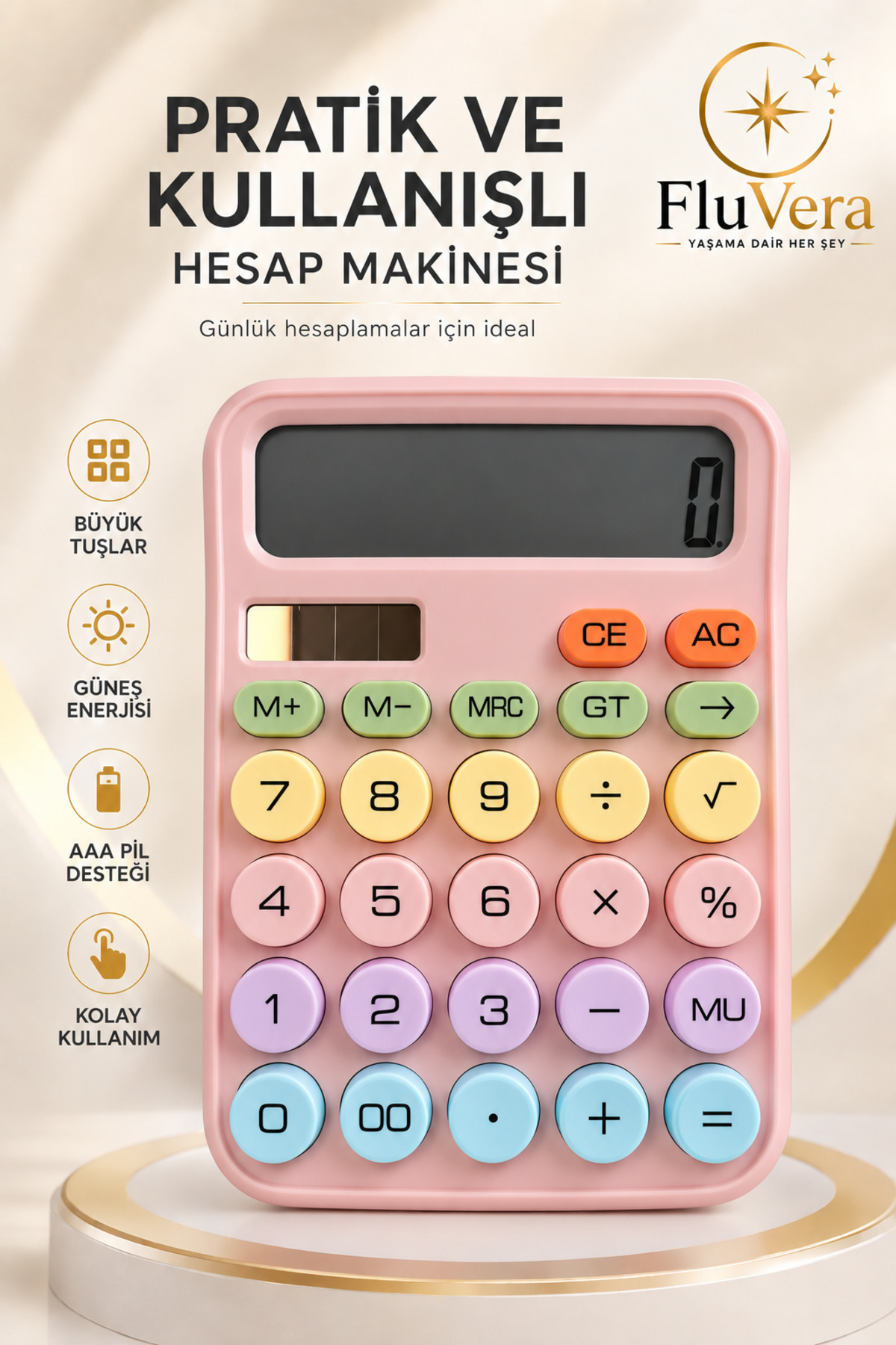 FluVera Pastel PEMBE Renkli Hesap Makinesi | Güneş Enerjili ve Pilli | Büyük Ekranlı Masaüstü Hesap Makinesi | Ofis Okul Ev Kullanım