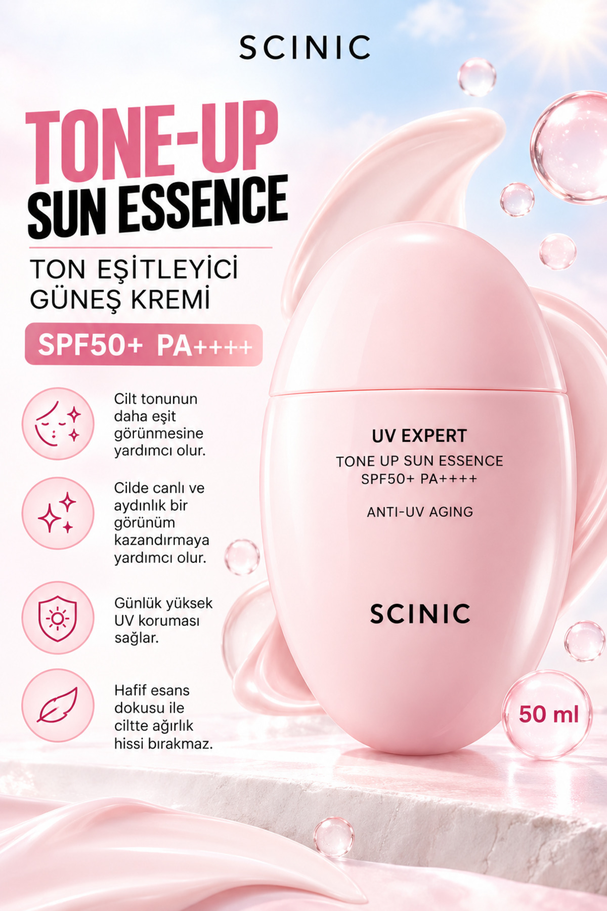 SCINIC UV Expert Tone-Up Sun Esans Ton Eşitleyici Canlılık Veren SPF50+ PA++++ Güneş Kremi 50ml