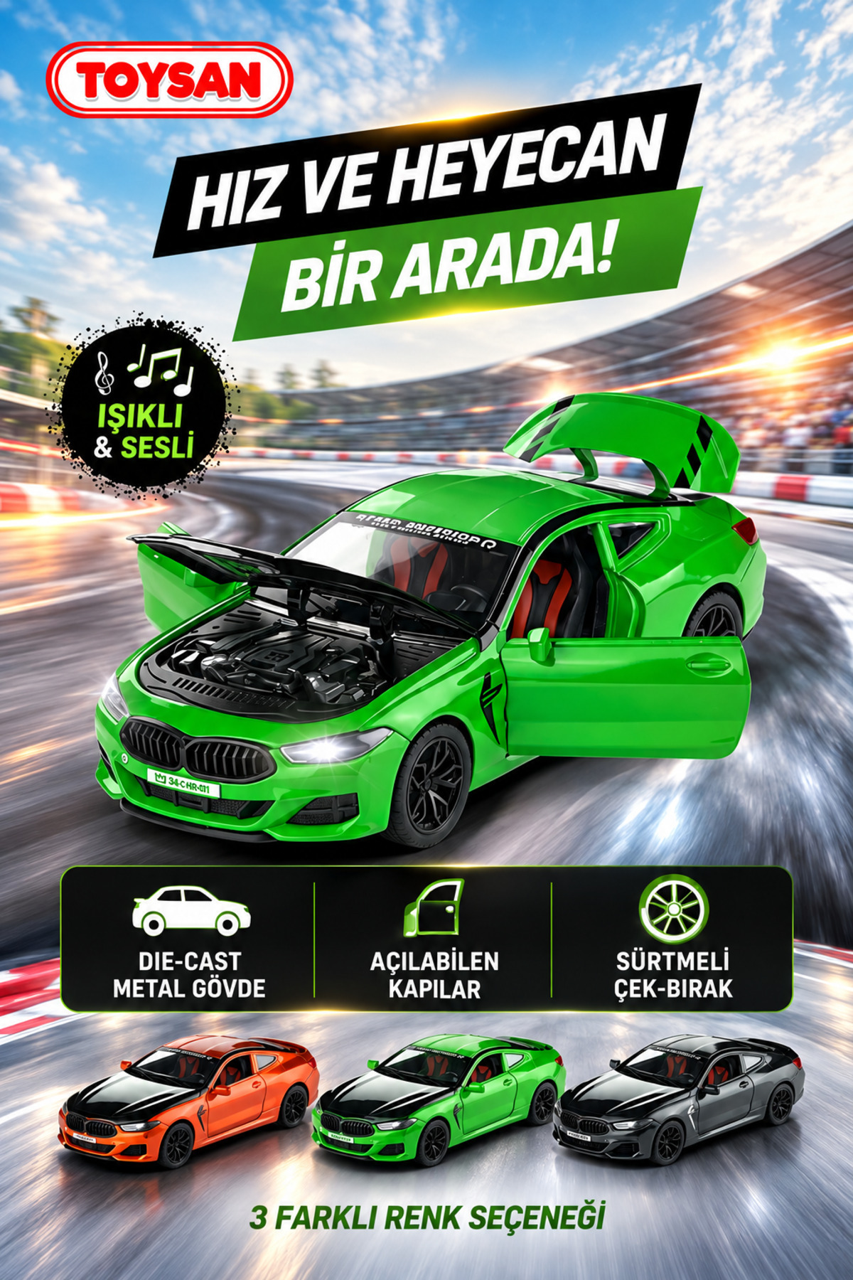 Toysan 1.24 ÖLÇEK KUTULU SESLİ VE IŞIKLI ÇEK BIRAK METAL ARABA