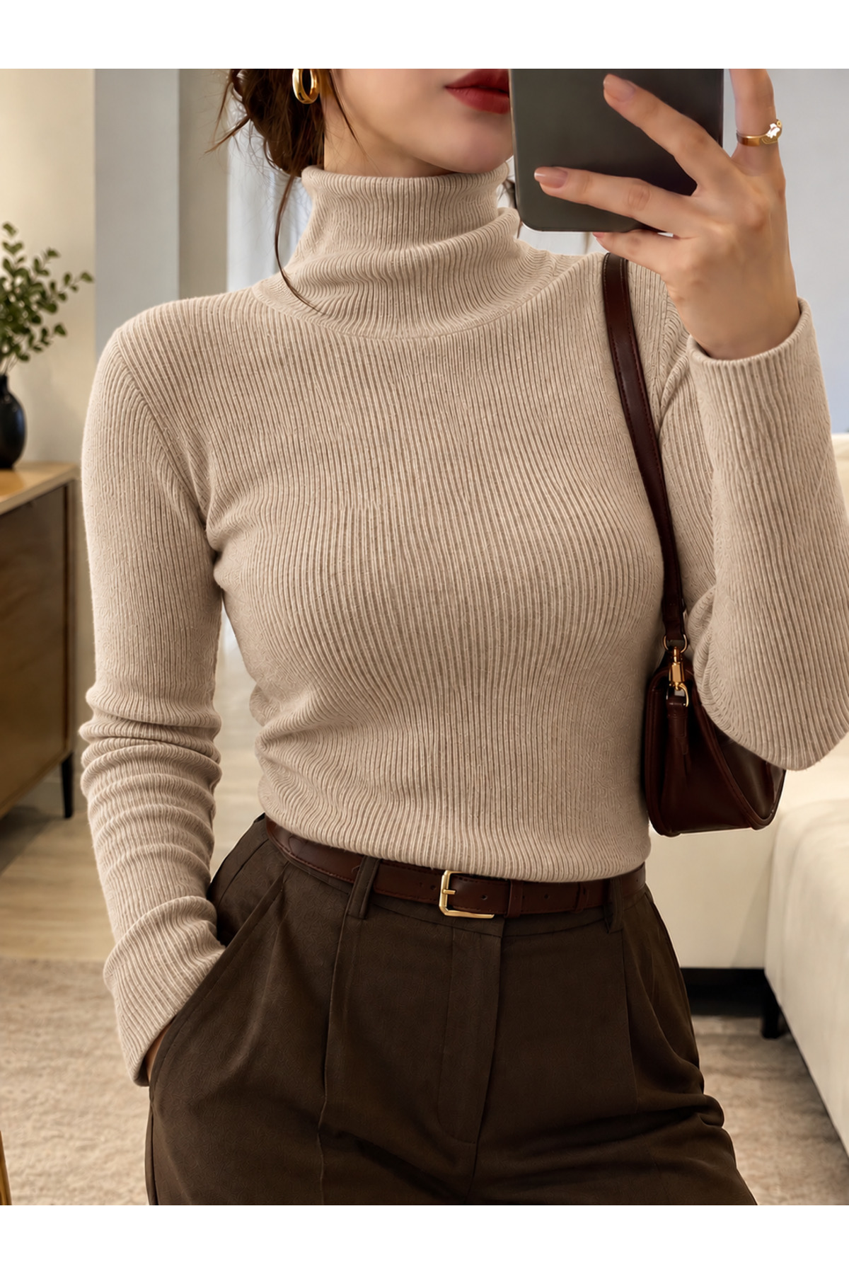 unisex bej trıko kazak balıkçı yaka slimfit boğzlı kazak — بژ najjar99