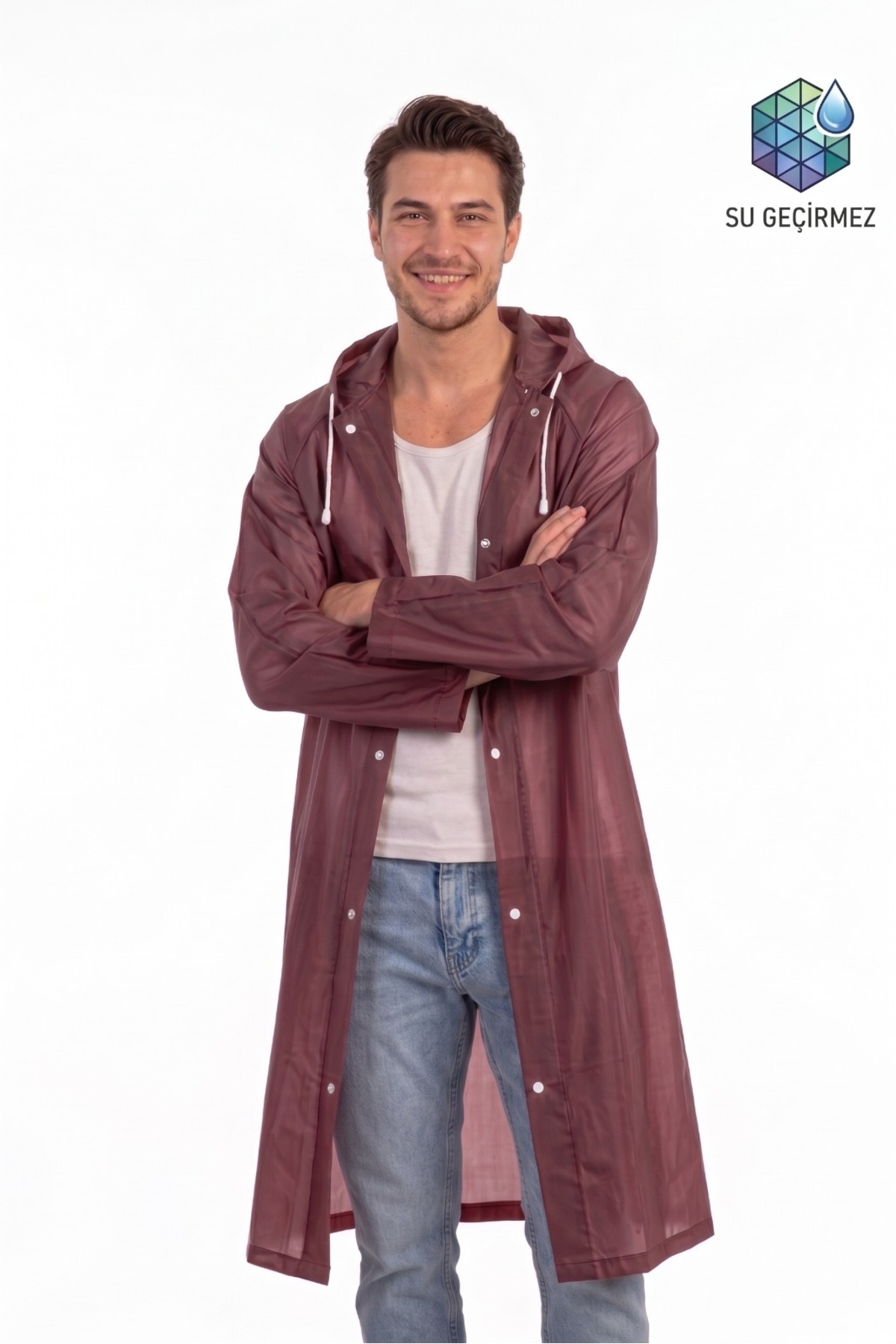 Unisex Bordo Eva Kumaş Su Rüzgar Geçirmez Yağmurluk — زرشکی 00040 — تصویر 2 از 5