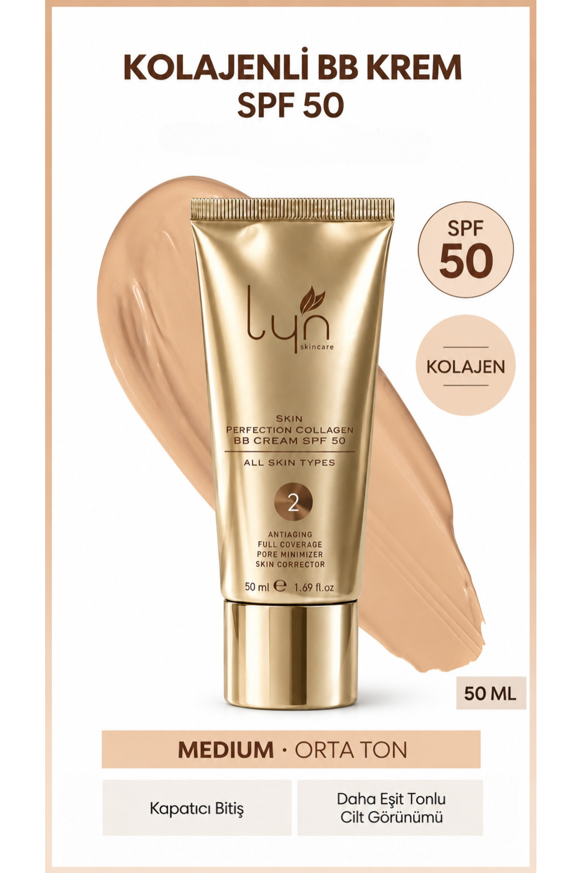 کرم بی بی کلاژن ضد چروک SPF50 با SPF50 و رنگ متوسط، حجم 50 میلی لیتر — بژ 8682139461369