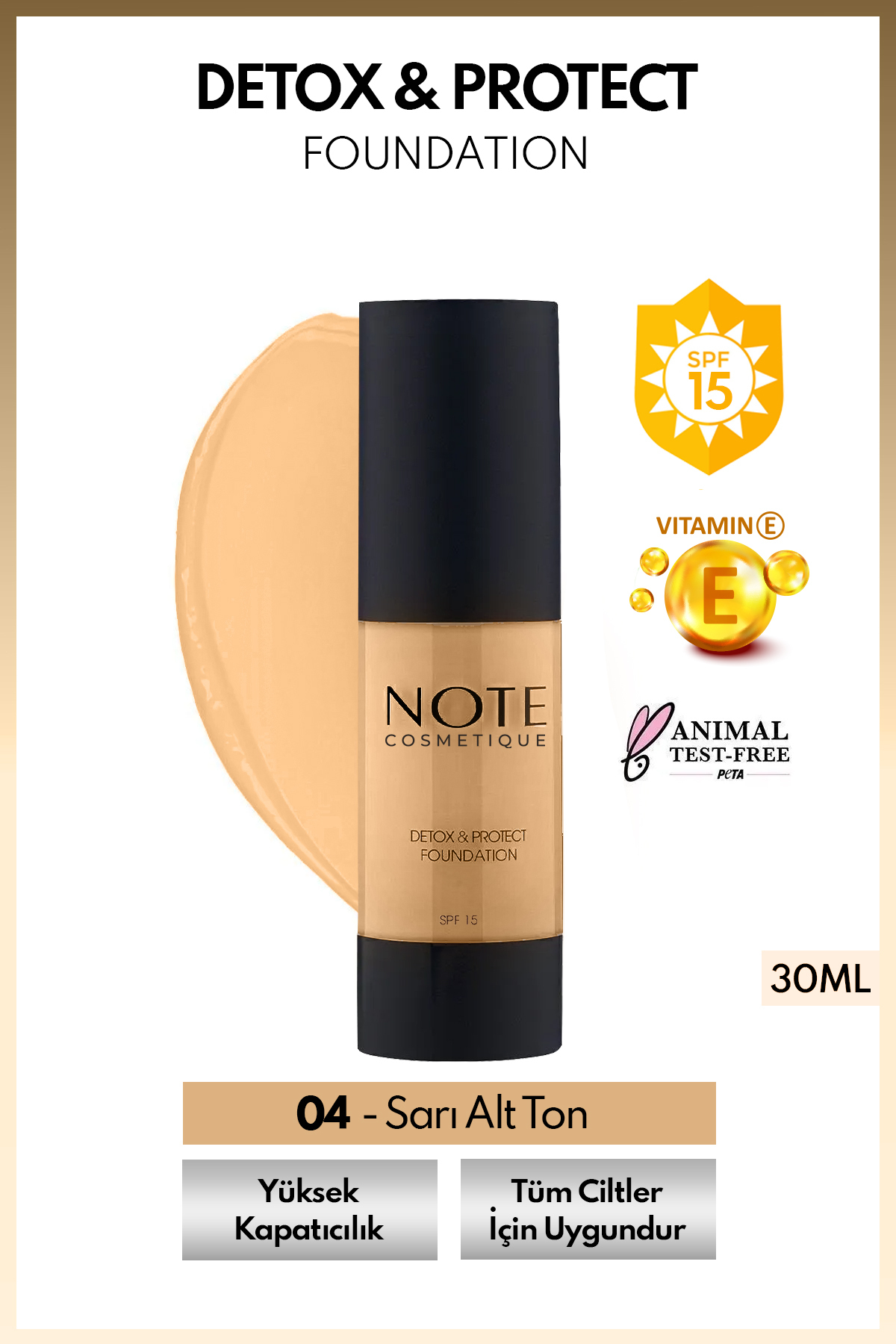 NOTE Detox & Protect Foundation Spf 15 Yoğun Kapatıcı Saten Bitişli Fondöten - 04 Sand