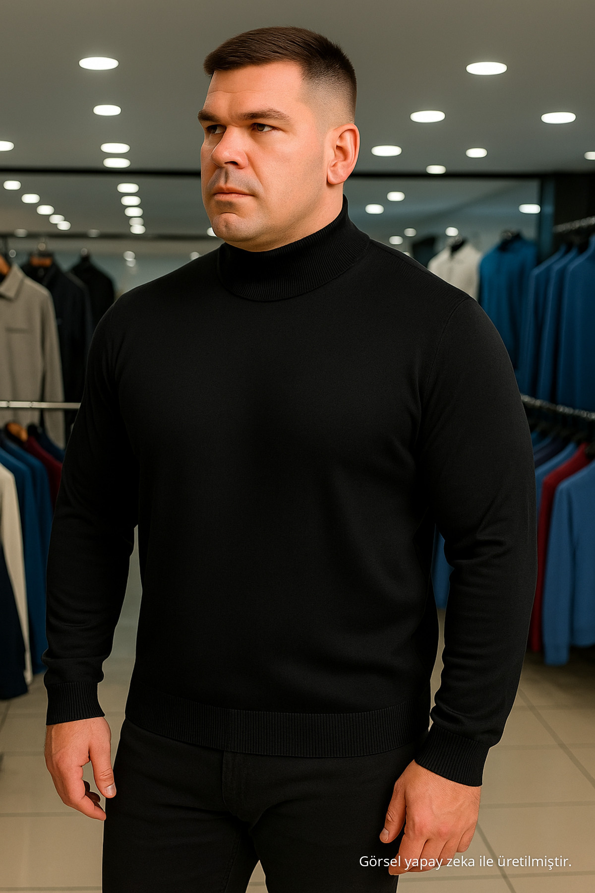 Erkek Büyük Beden Boğazlı Siyah Sweat Triko Kazak — مشکی 644MCCL — تصویر 3 از 5