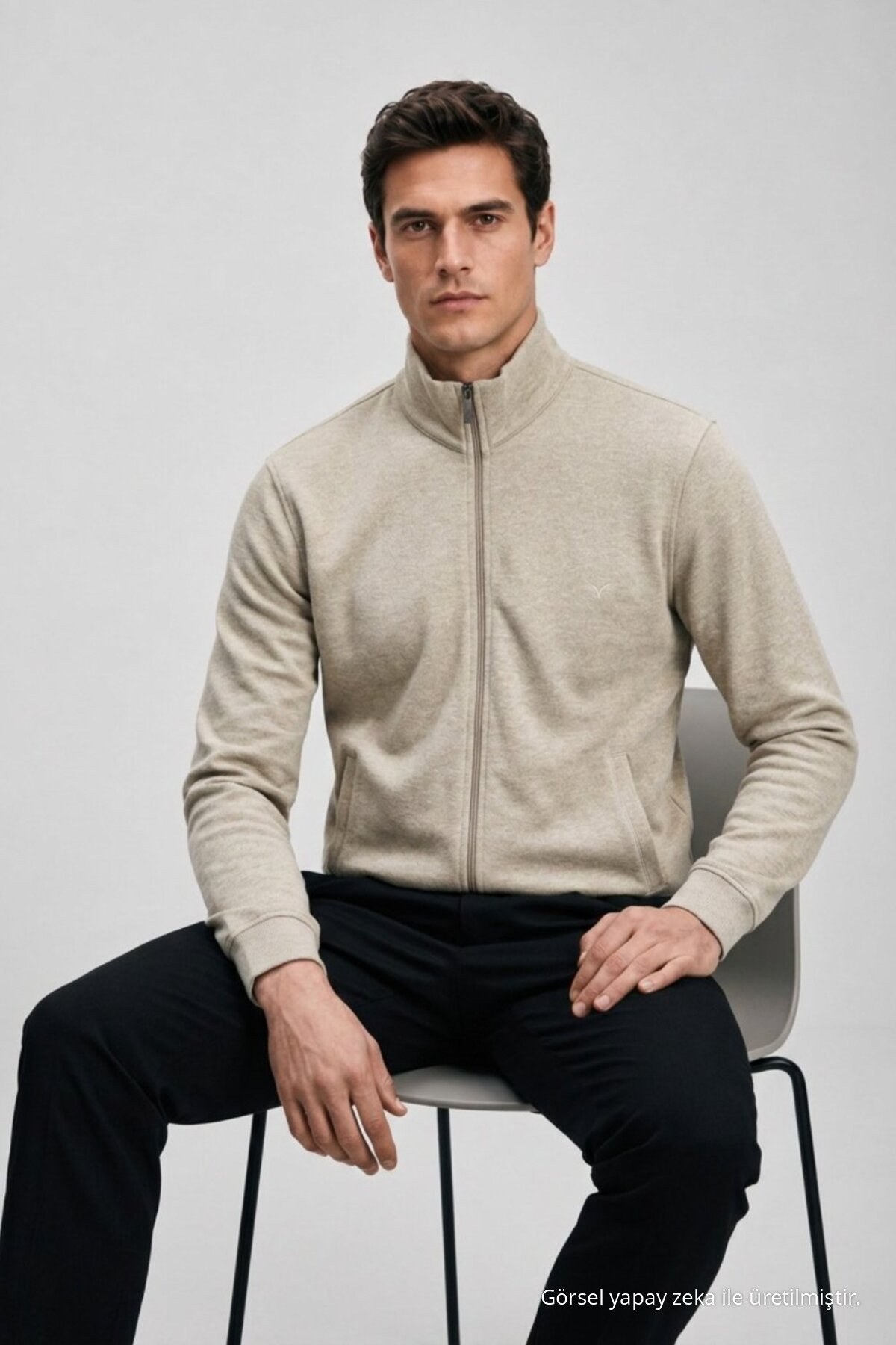 Erkek Fermuarlı Cepli Regular Fit Krem Kışlık Hırka — کرم 105 — تصویر 4 از 6